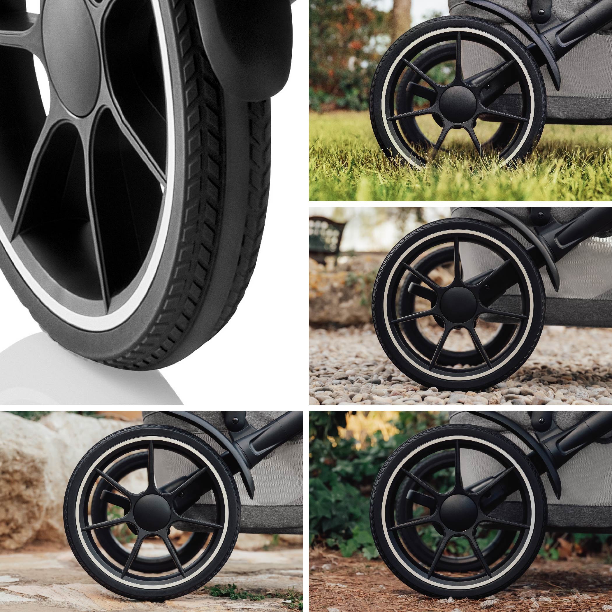 Stroller wheels on different terrains.