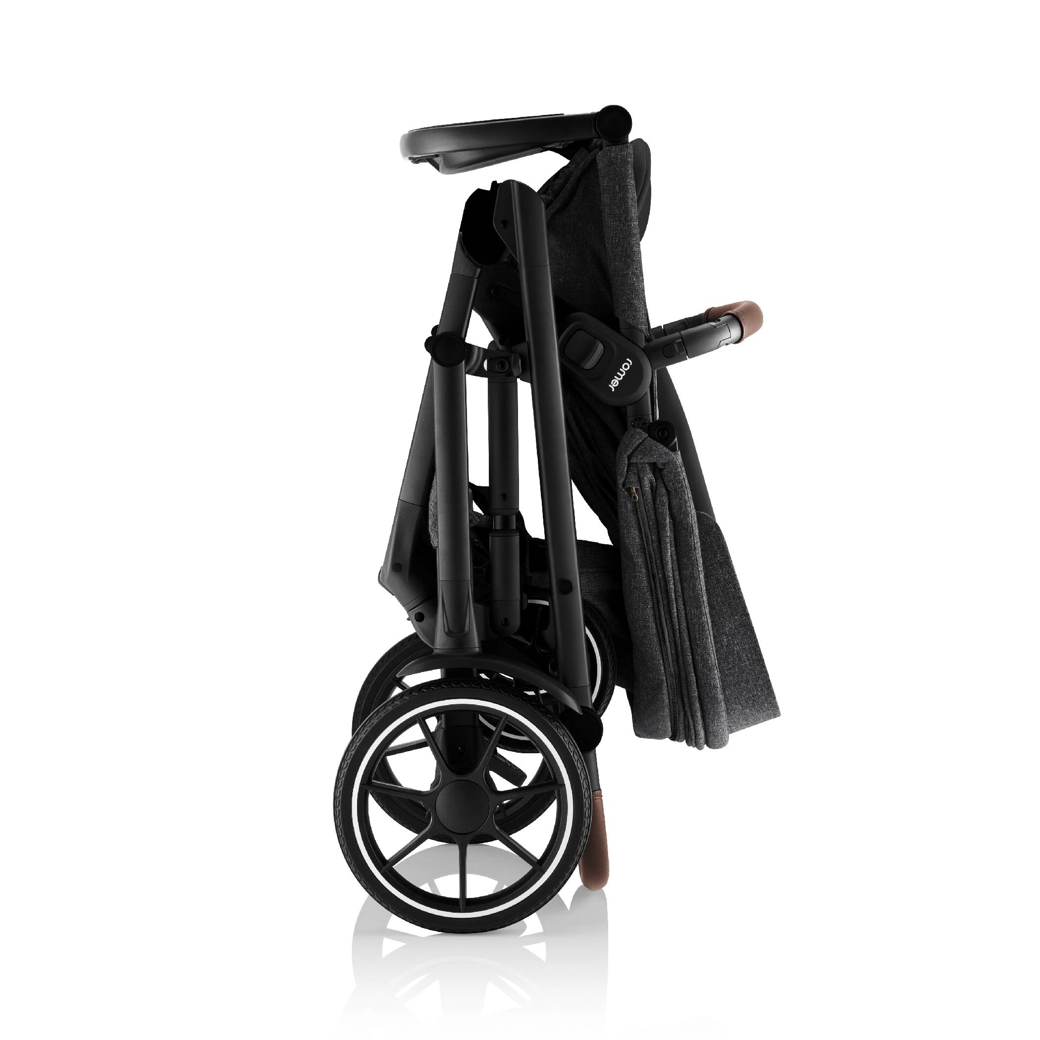 A folded stroller.