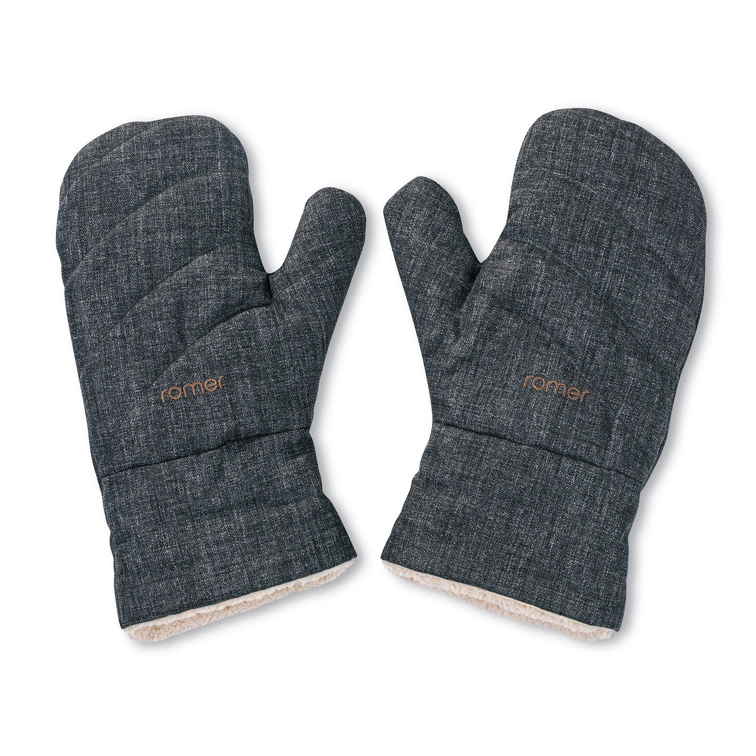 Plush gray mittens with Romer stitched into the fabric in brown.