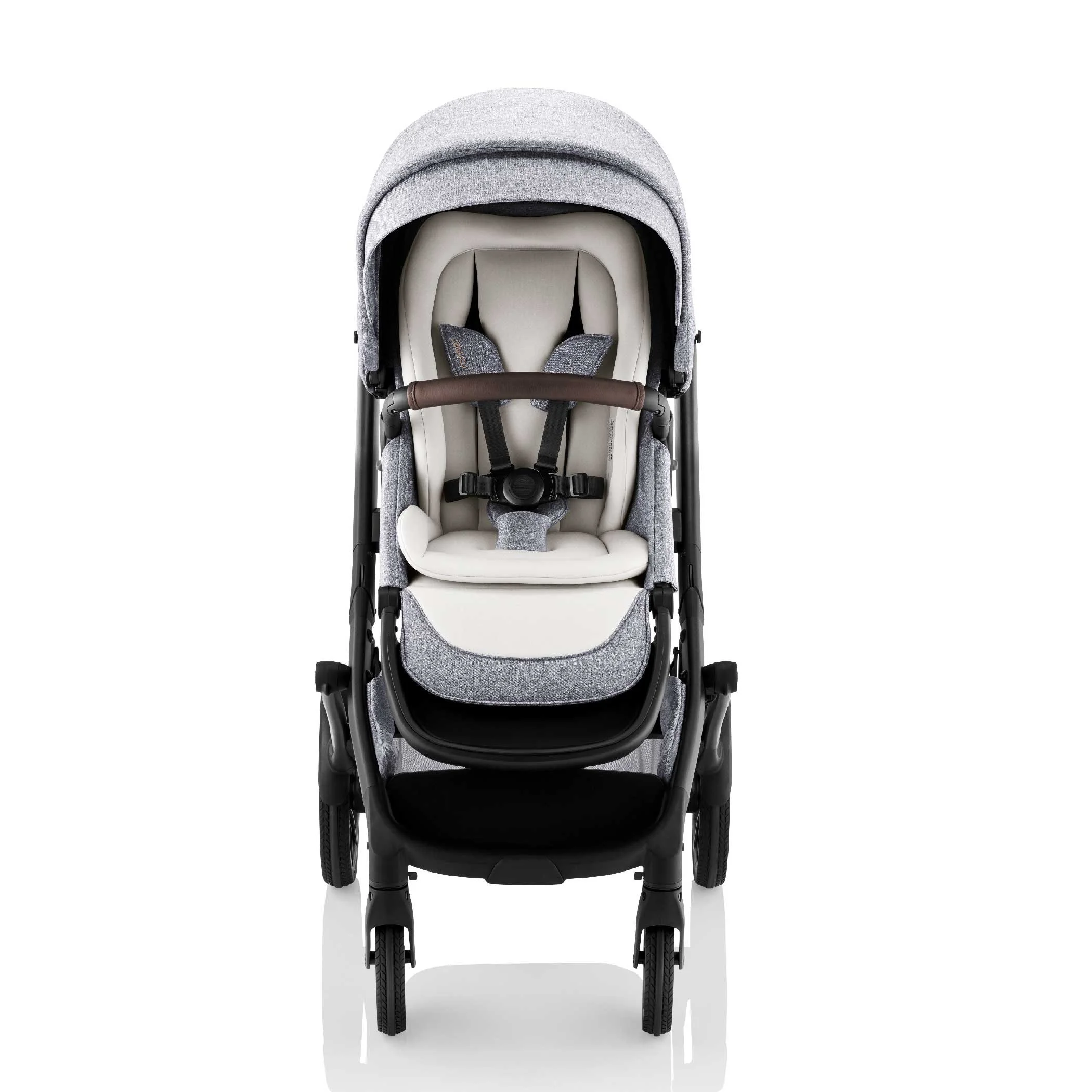 Grey and white baby stroller with leather on the bumper bar.