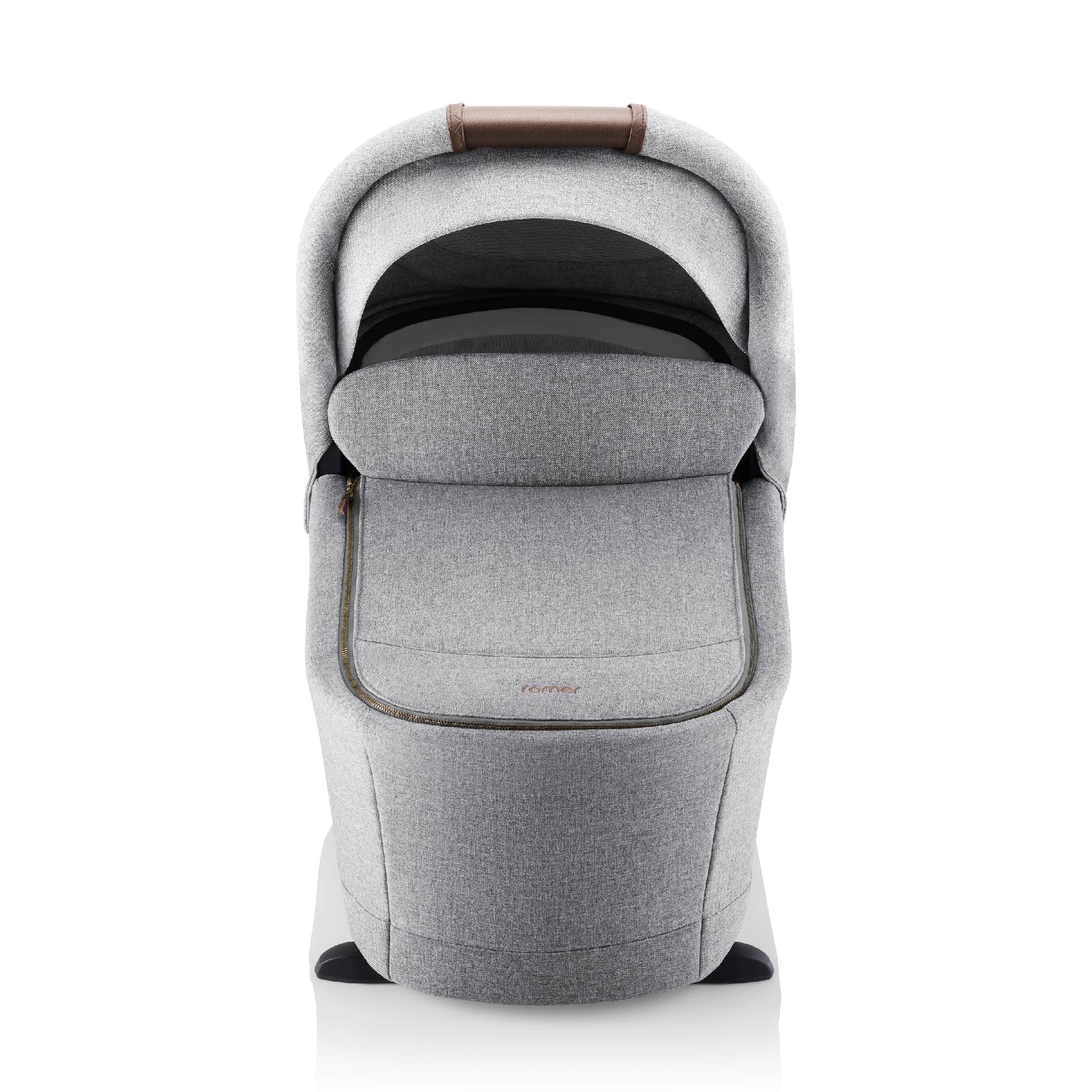 A grey baby bassinet.