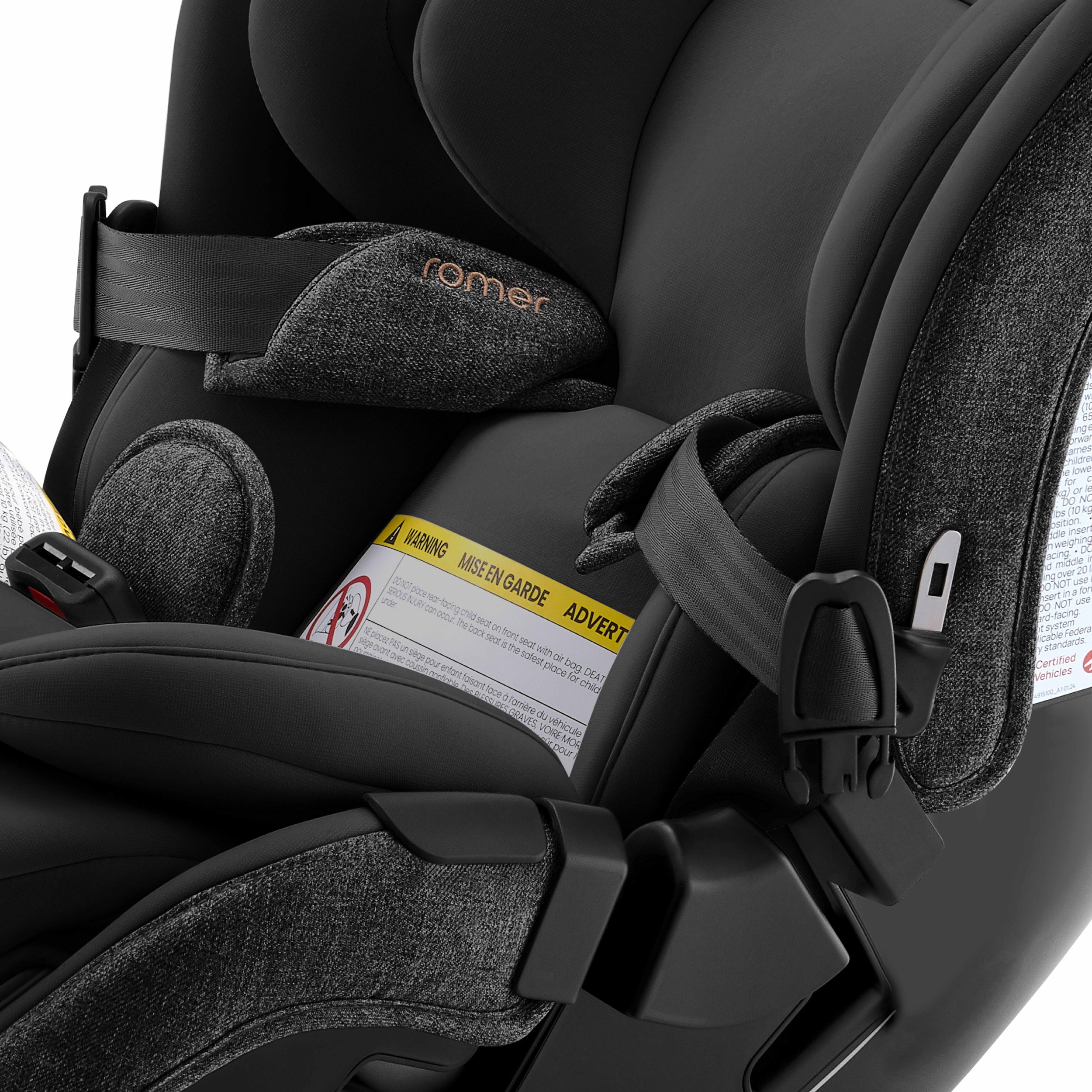 Harness straps and padding on a car seat.