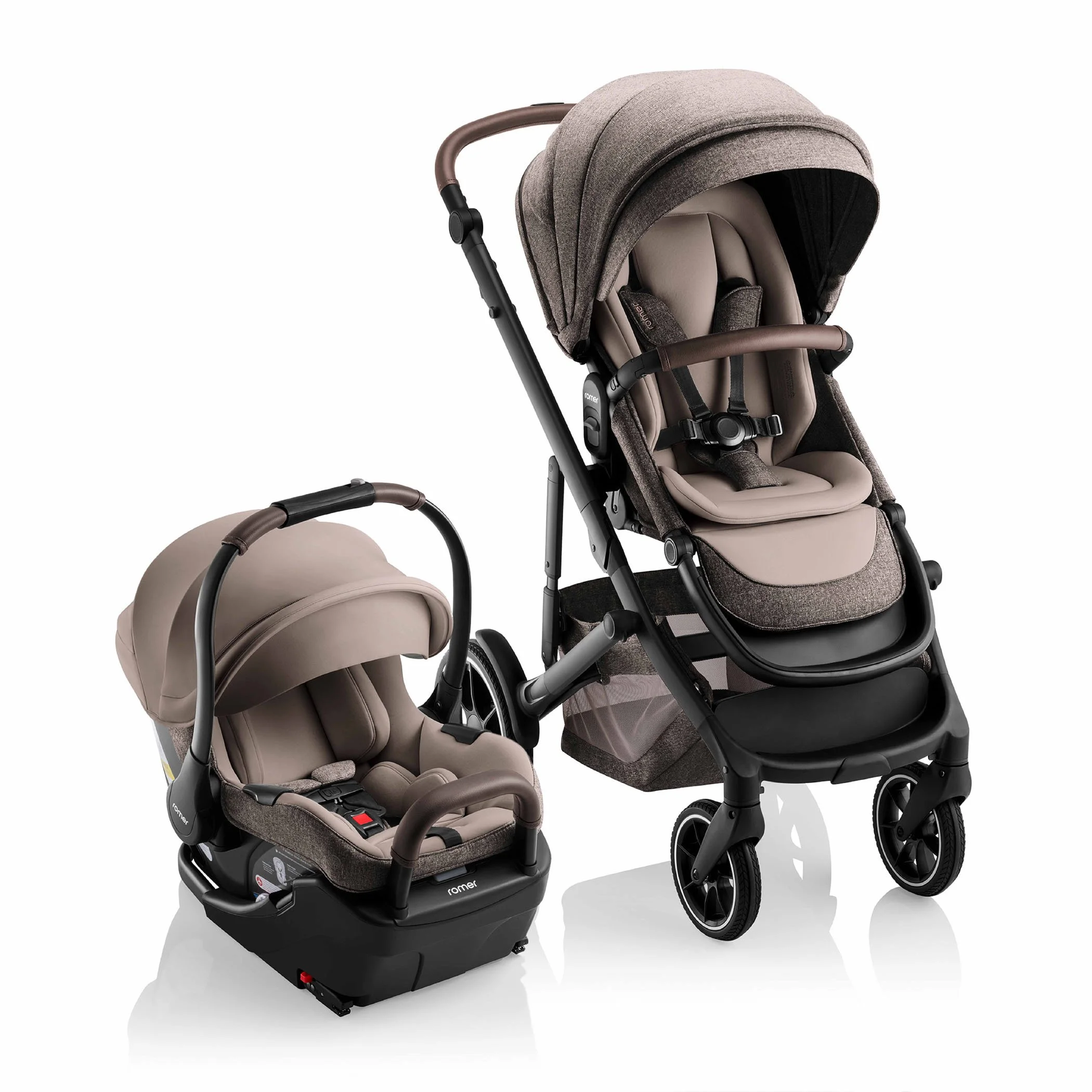 A warm brown child stroller and infant car seat with brown leatherette accents. The car seat is sitting in a base.