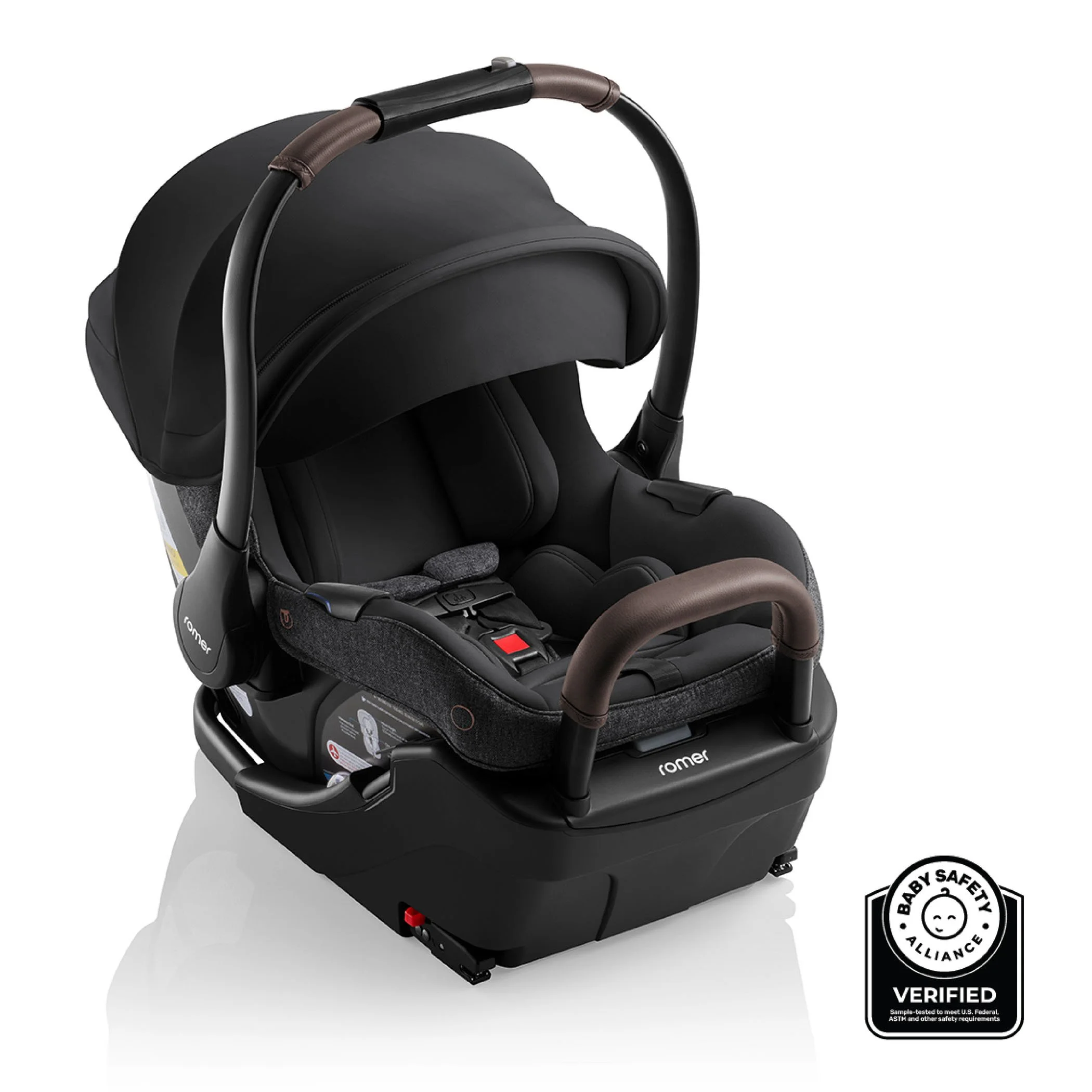 Baby Safety Alliance Verification Seal next to a black infant car seat and base with a canopy, anti-rebound bar, and carry handle.