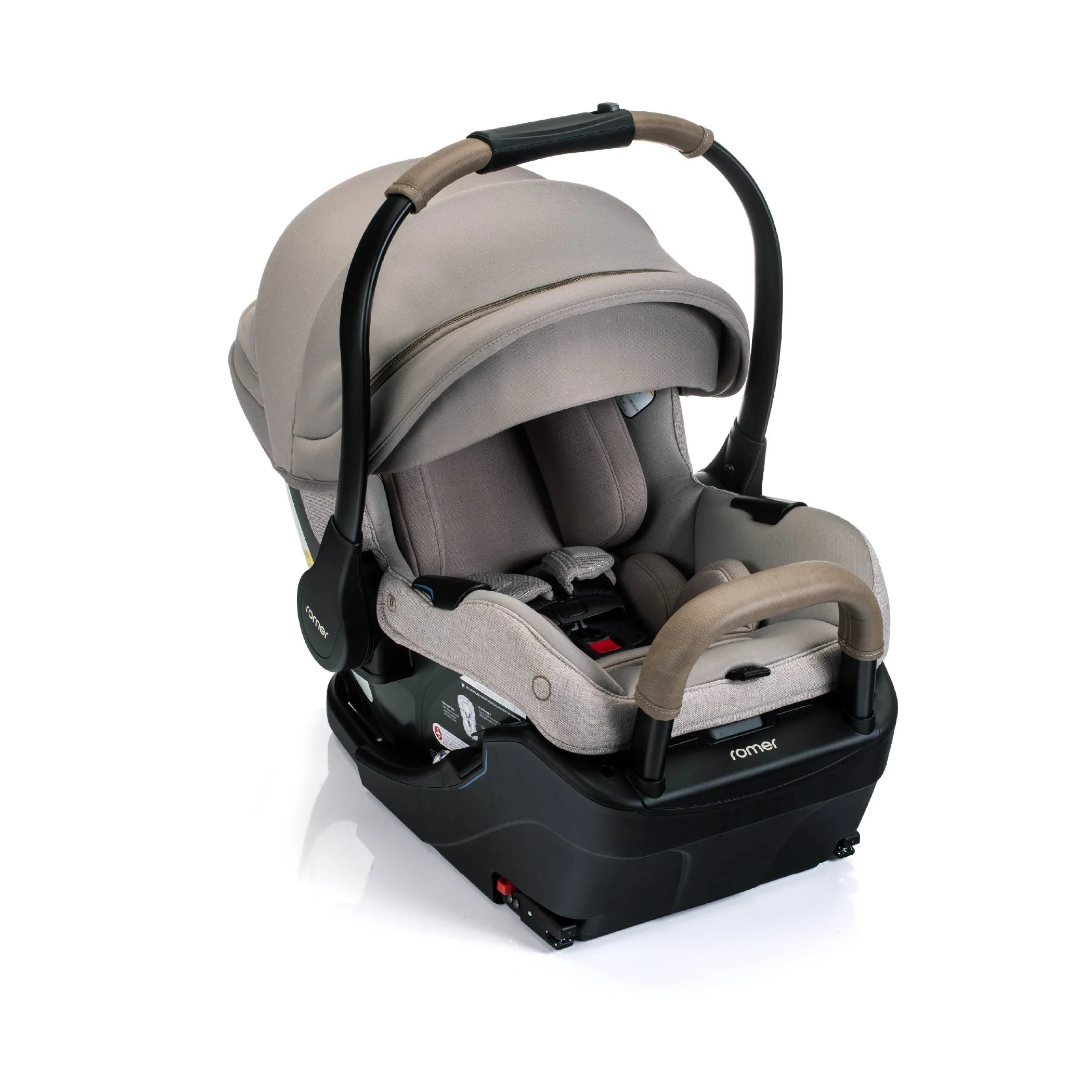 A greige infant car seat and base with a canopy, anti-rebound bar, and carry handle.