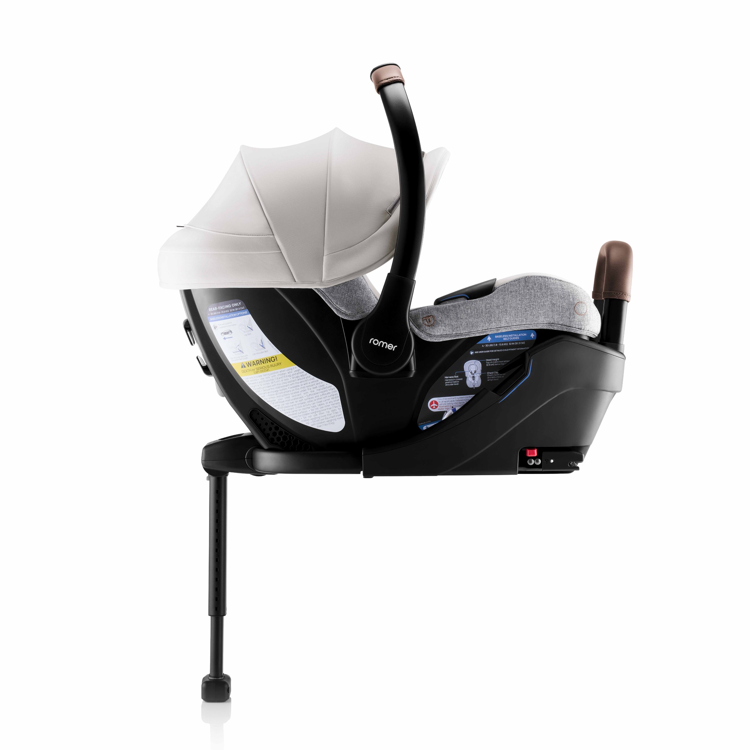 An infant car seat and base with a white canopy, a carry handle, a load leg, and an anti-rebound bar.