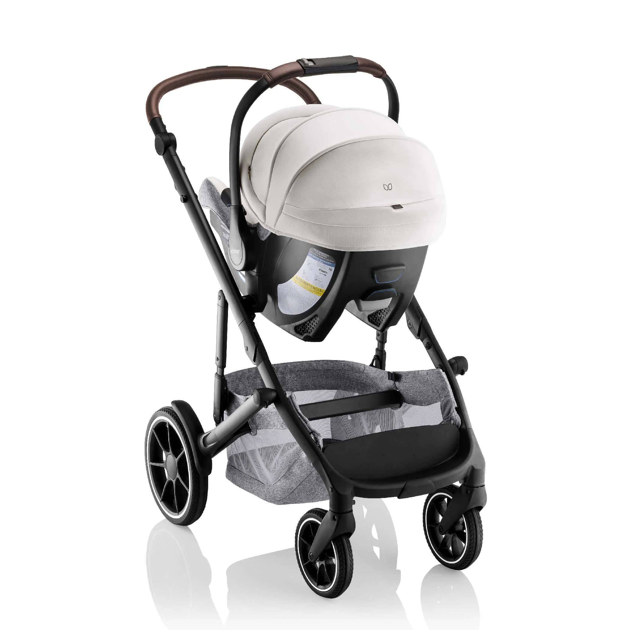A stroller with an infant car seat attached.