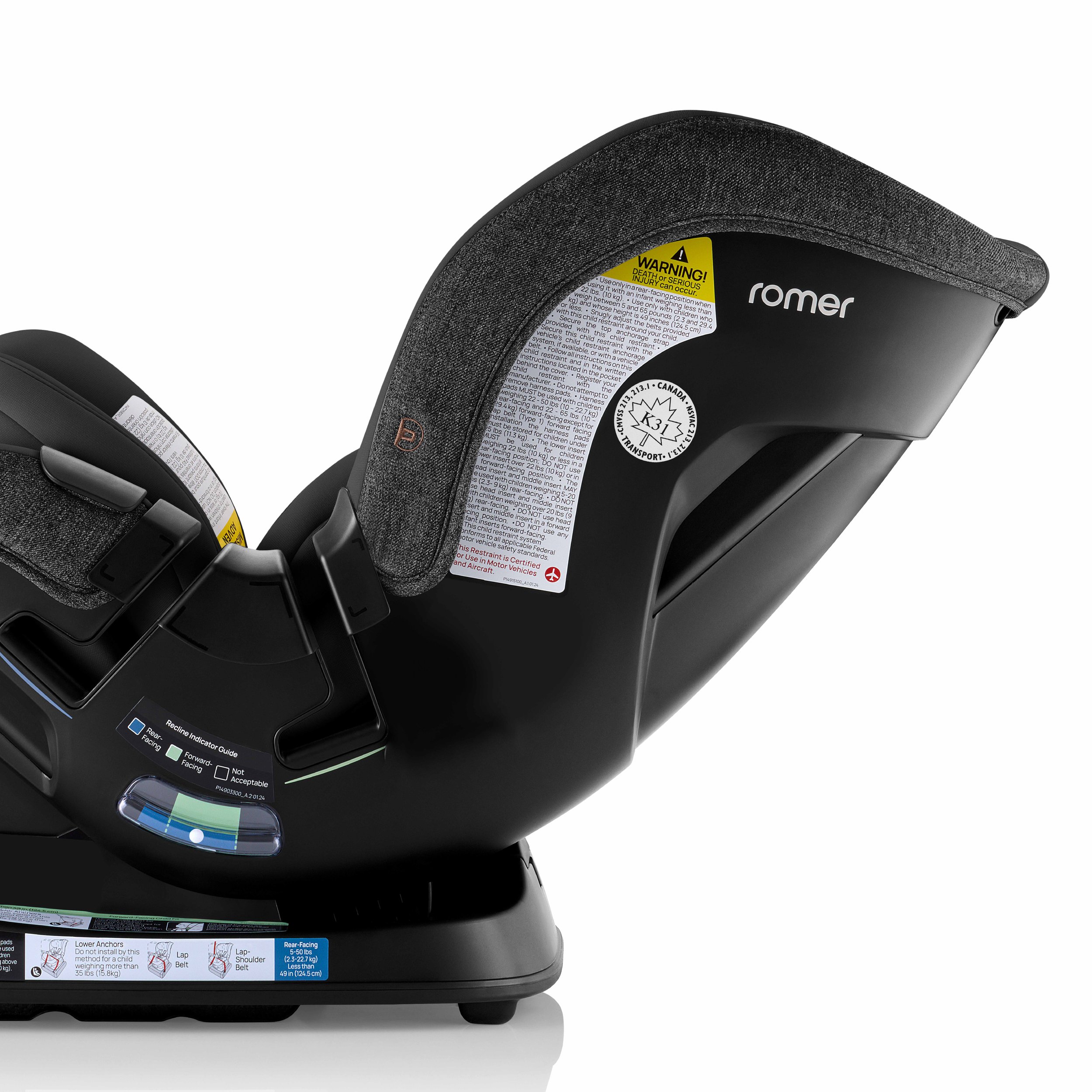 A reclined convertible car seat.