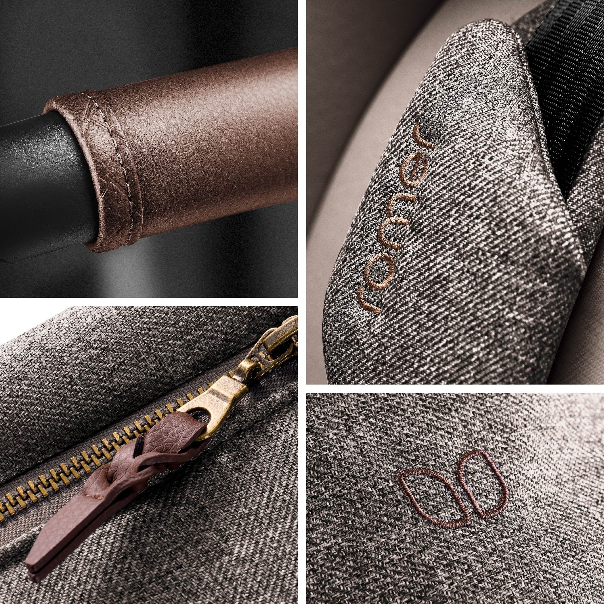 Textured fabric with leather accents and brown stitching.