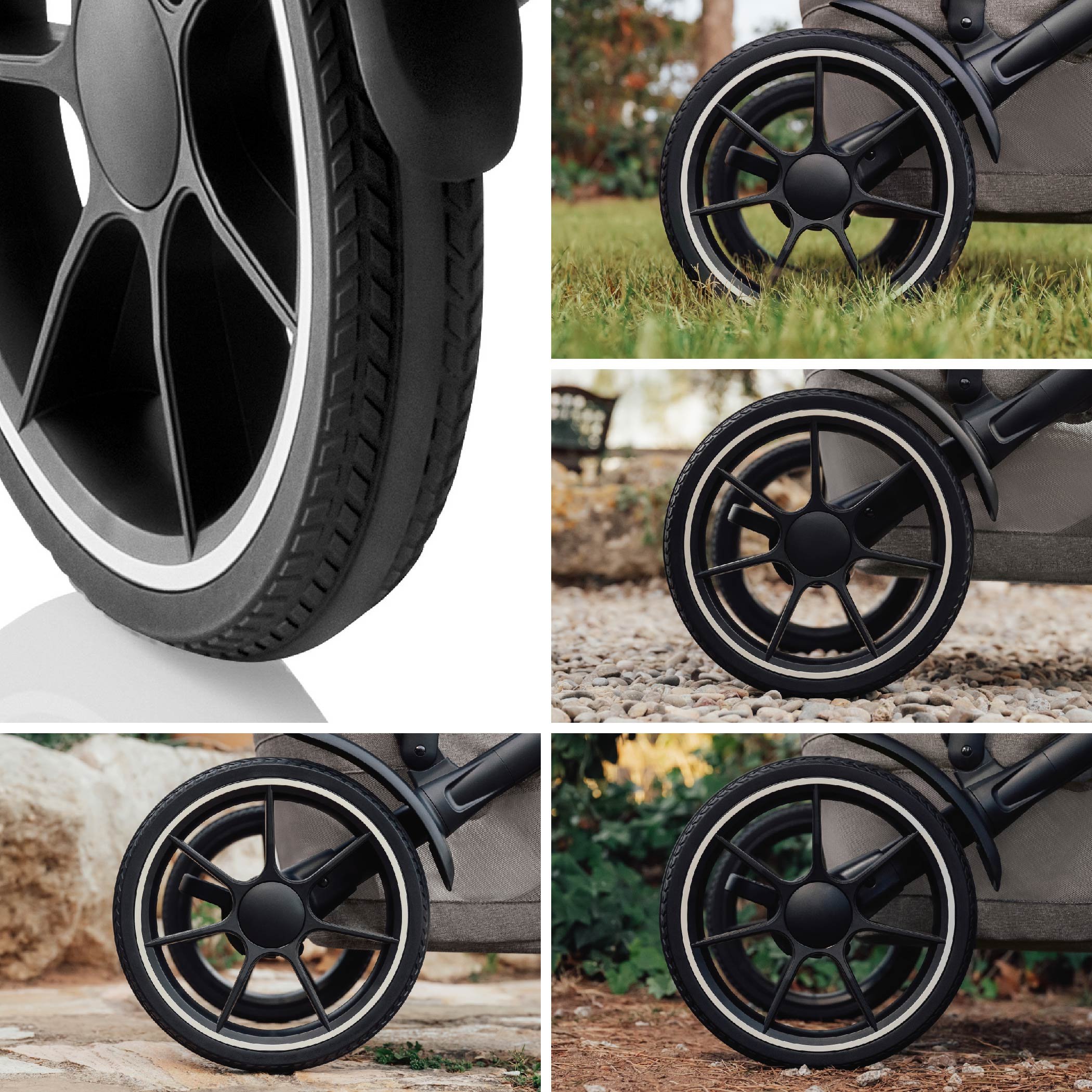 Stroller wheels on different terrains.