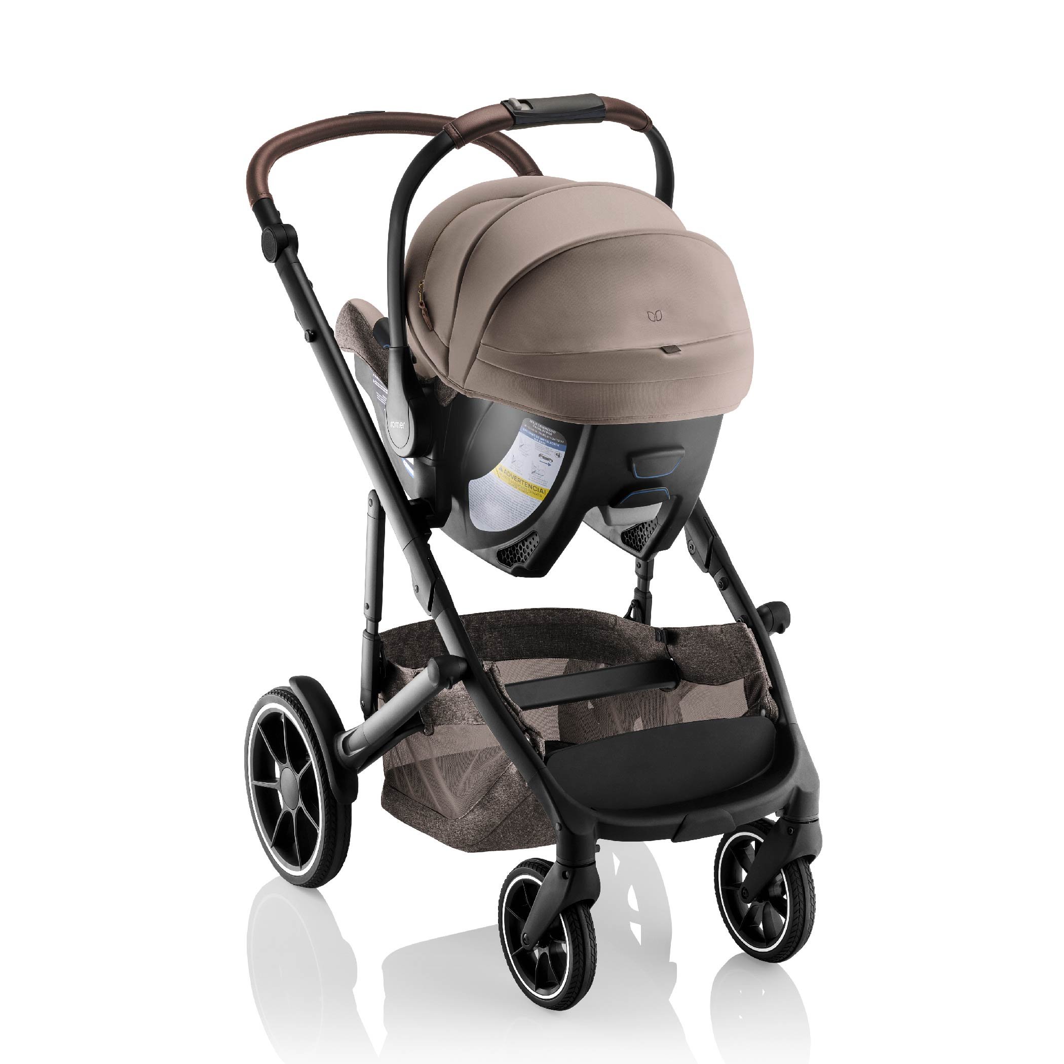 A stroller with an infant car seat attached.