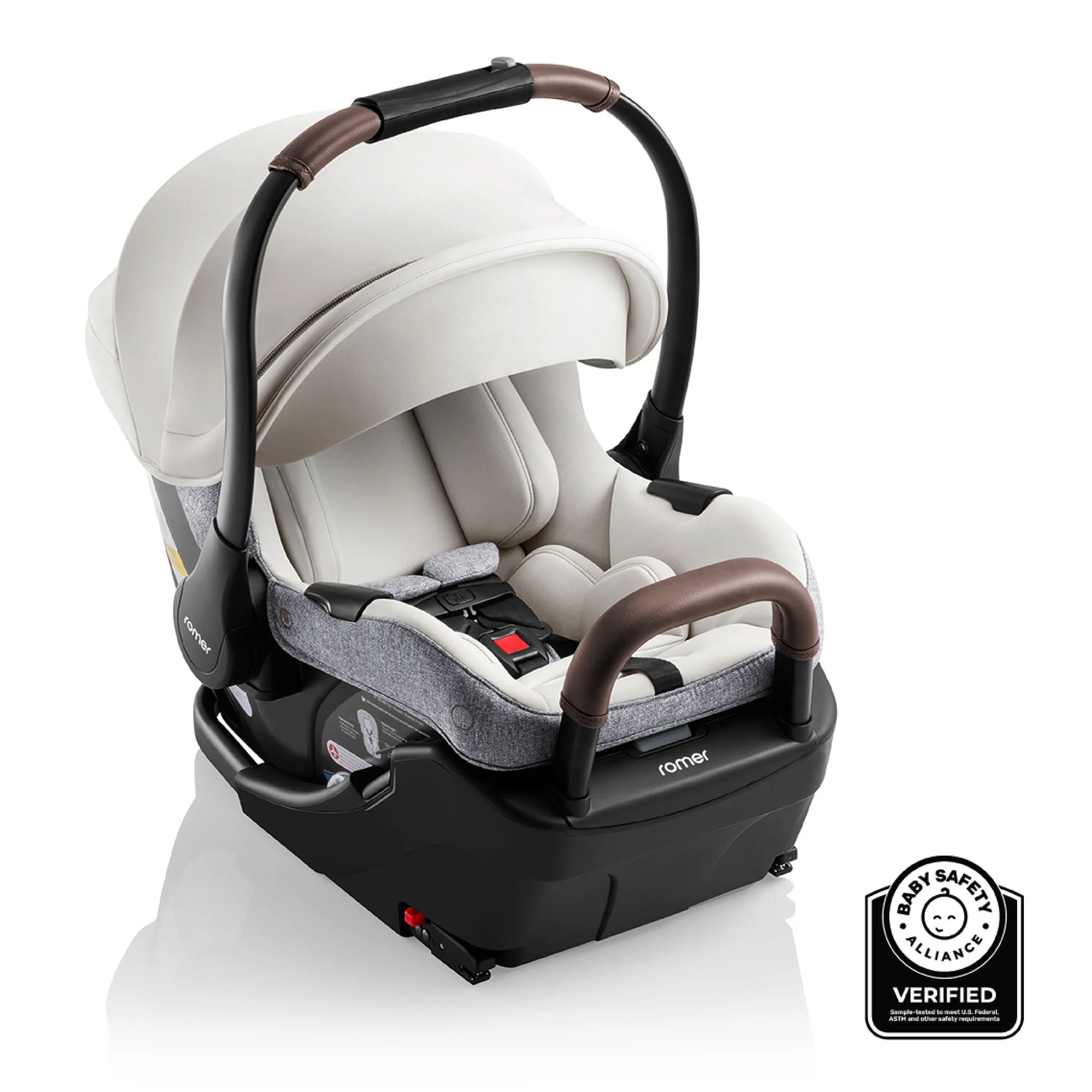 A Baby Safety Alliance Verification badge next to a white infant car seat and base with a canopy, anti-rebound bar, and carry handle.
