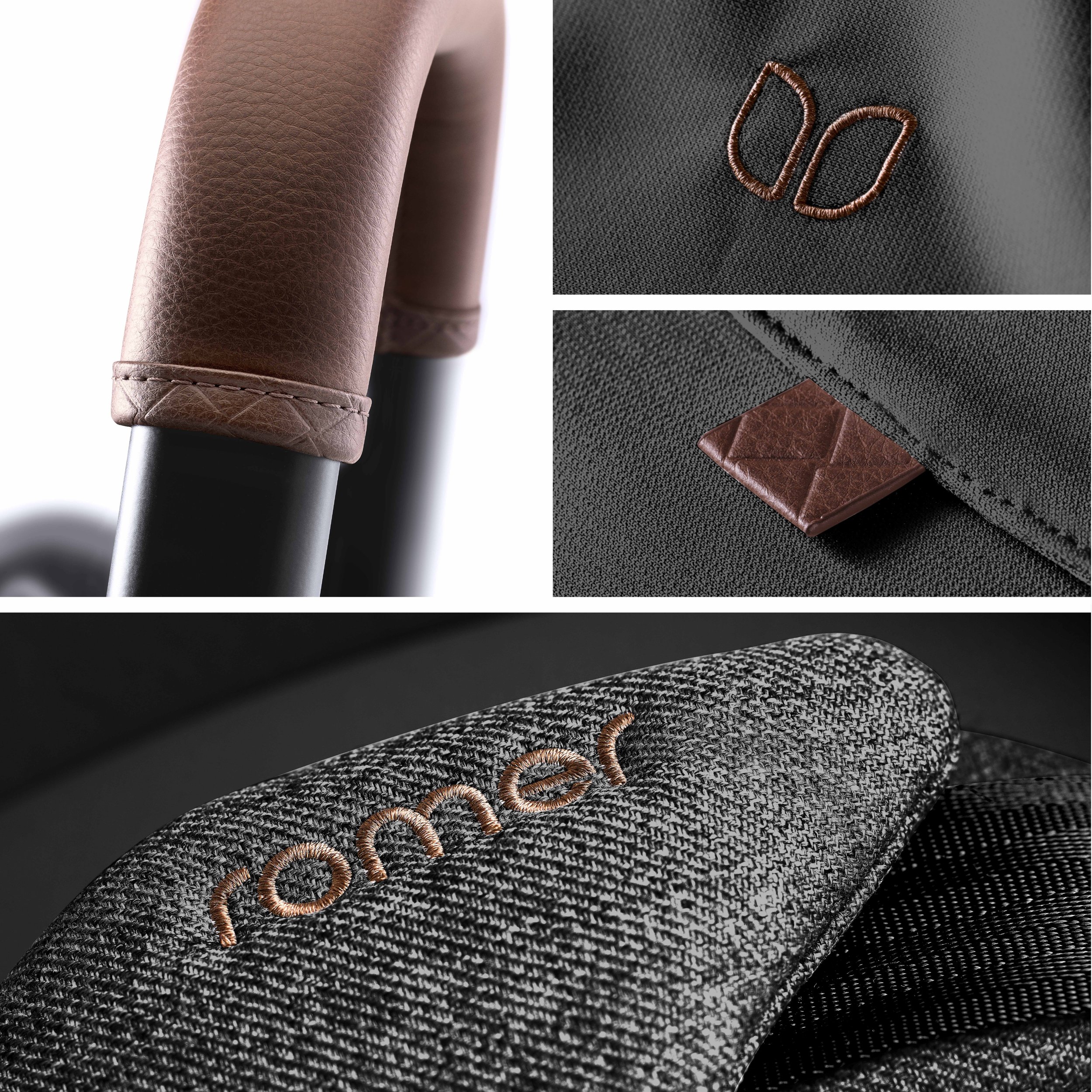 Textured fabric with leather accents and brown stitching.