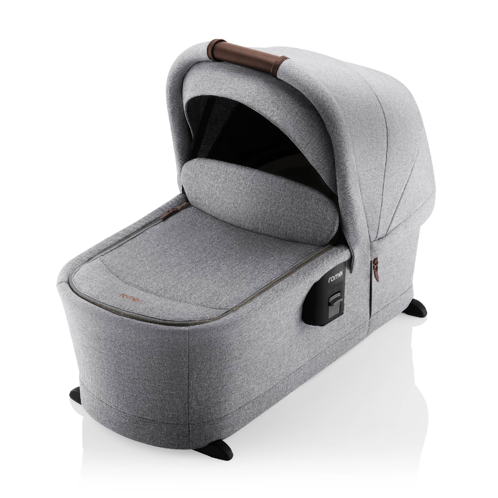 A grey baby bassinet.