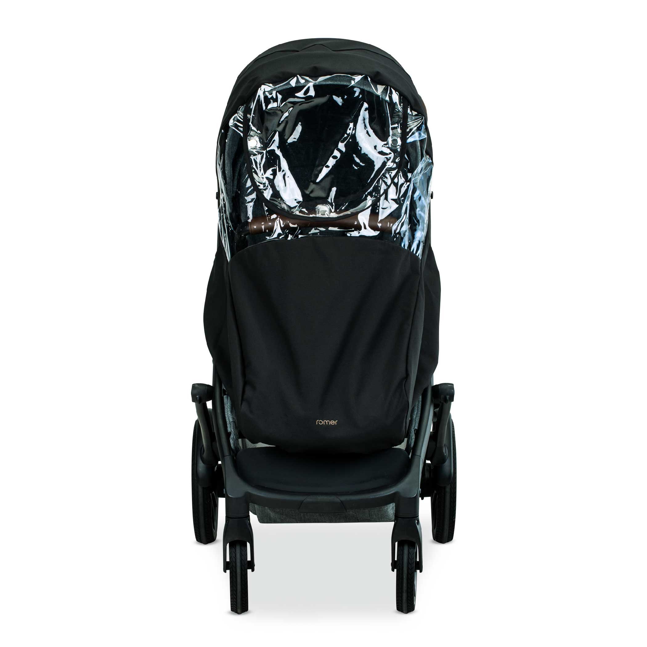 A stroller with a rain cover.