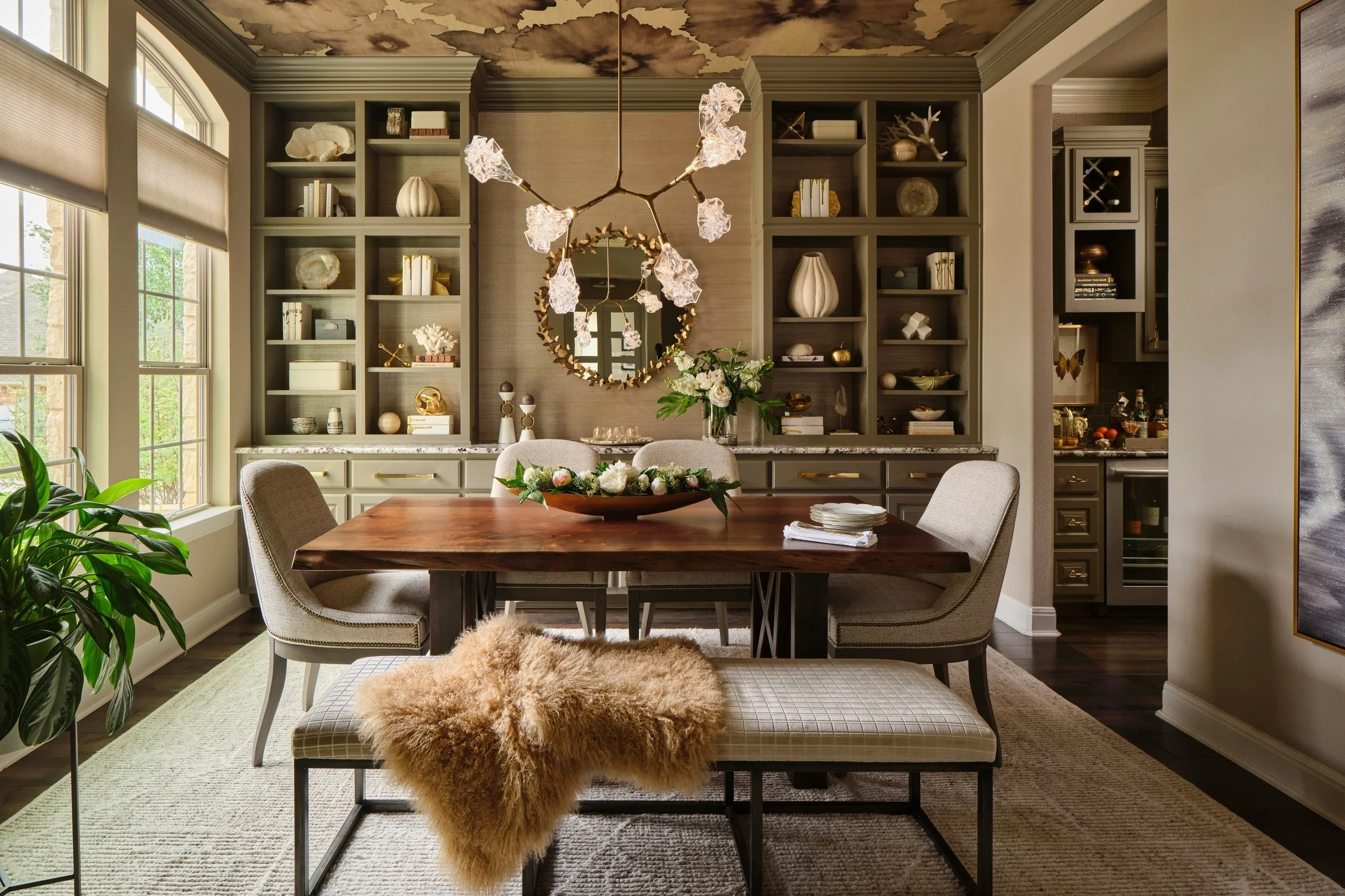 Cyndi Hopkins Design, Dining Room, Table, Wallpaper, Millwork, Styling, Chairs, Chandelier, Luxury Home Makeovers, Designer Residences, Bespoke Luxury Homes, Elegant Interior Styling, High End Custom Interiors, Earth Tones, Crown Molding