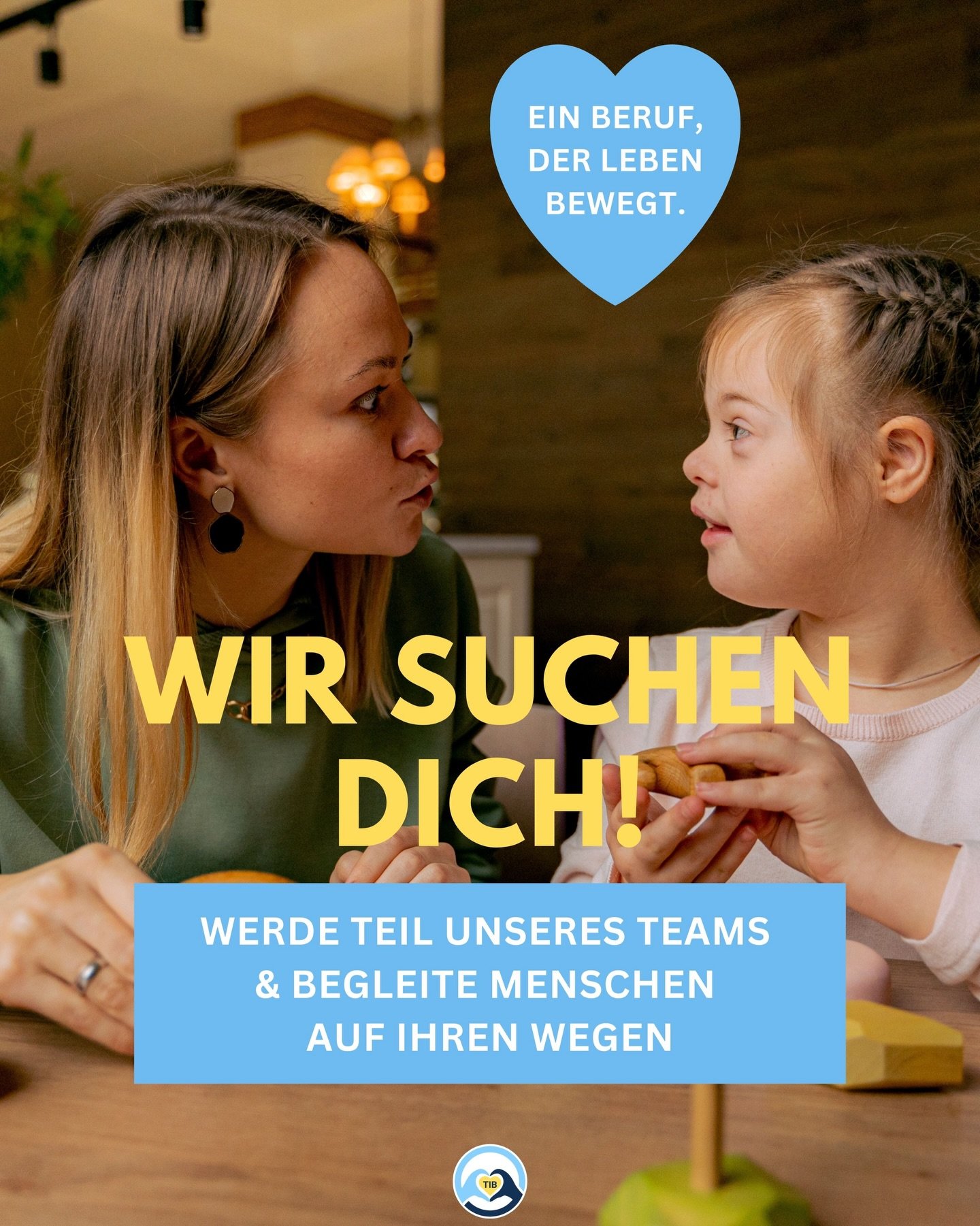 WIR SUCHEN DICH 💙

Du suchst einen Job mit Sinn, Flexibilit&auml;t &amp; echten Begegnungen?

Dann bist du bei TIB genau richtig! 💛

Bei uns gibt es nicht nur die Schulassistenz &ndash; sondern viele verschiedene M&ouml;glichkeiten, Menschen im All