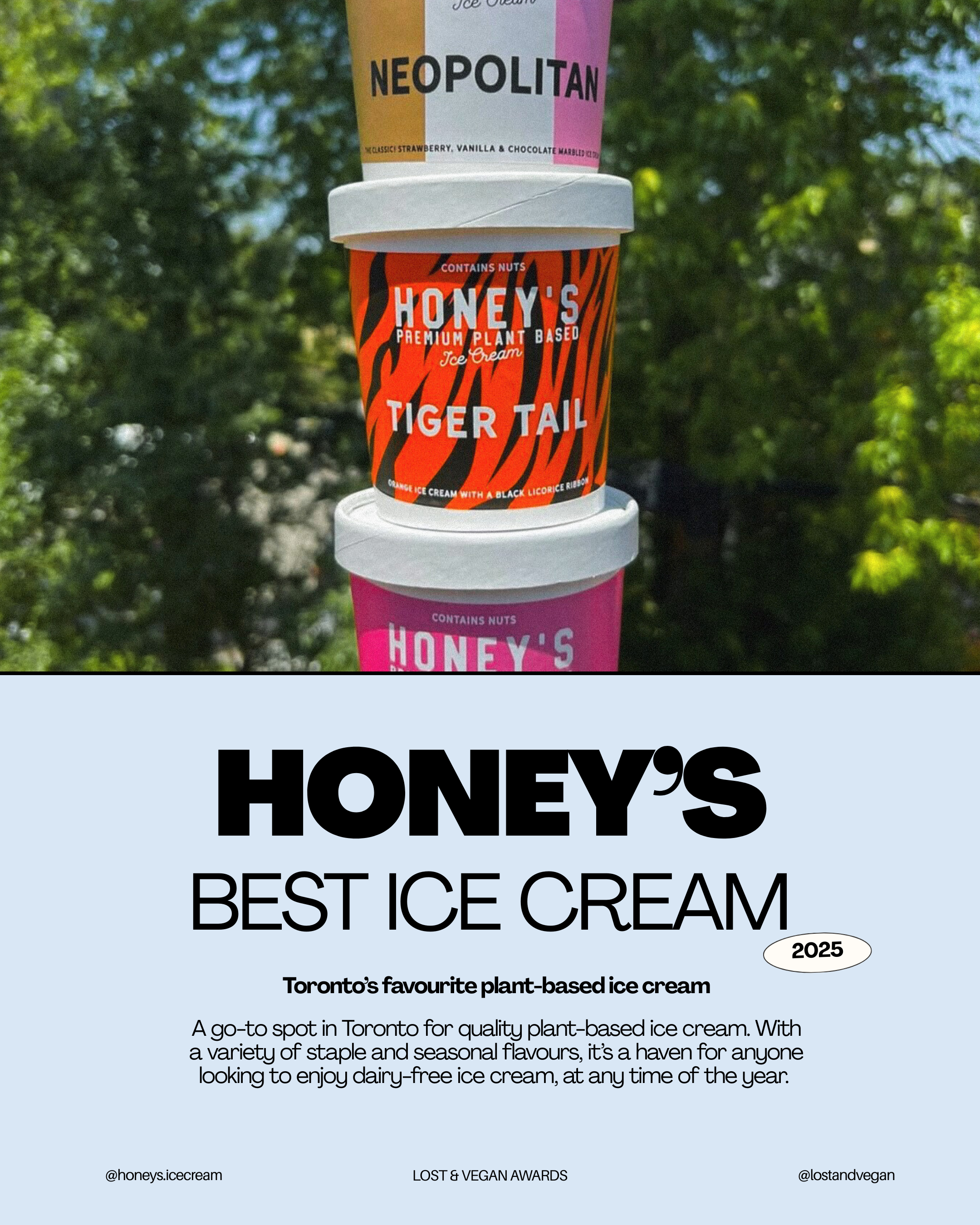 Three stacked cups of Honey's plant-based ice cream flavors, with the top cup labeled 'Neapolitan' and the middle cup labeled 'Tiger Tail'.