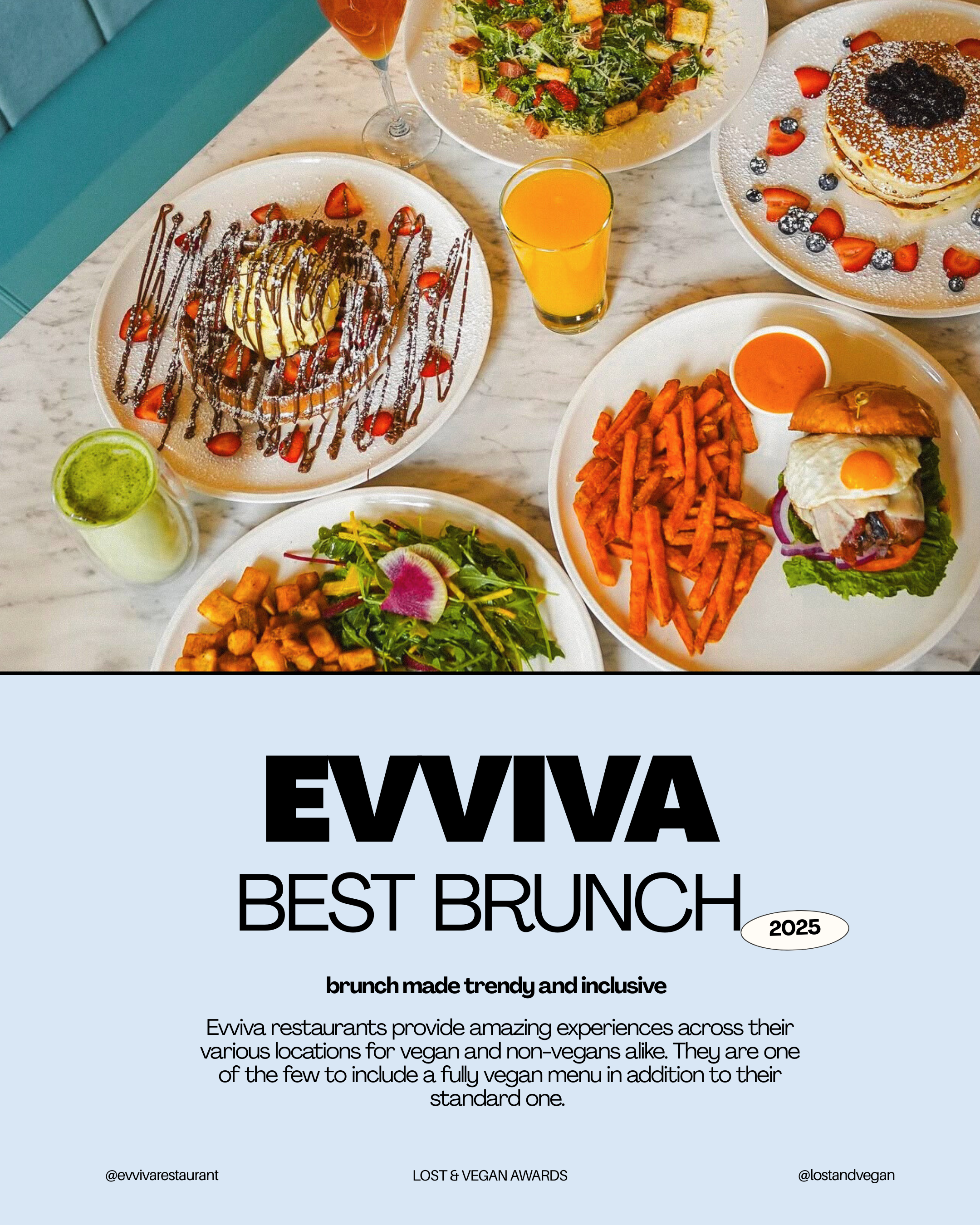 Table with various brunch foods including a salad, French fries, a burger with a fried egg, pancakes with berries, and a dessert topped with strawberries and chocolate drizzle, along with glasses of orange and green drinks.