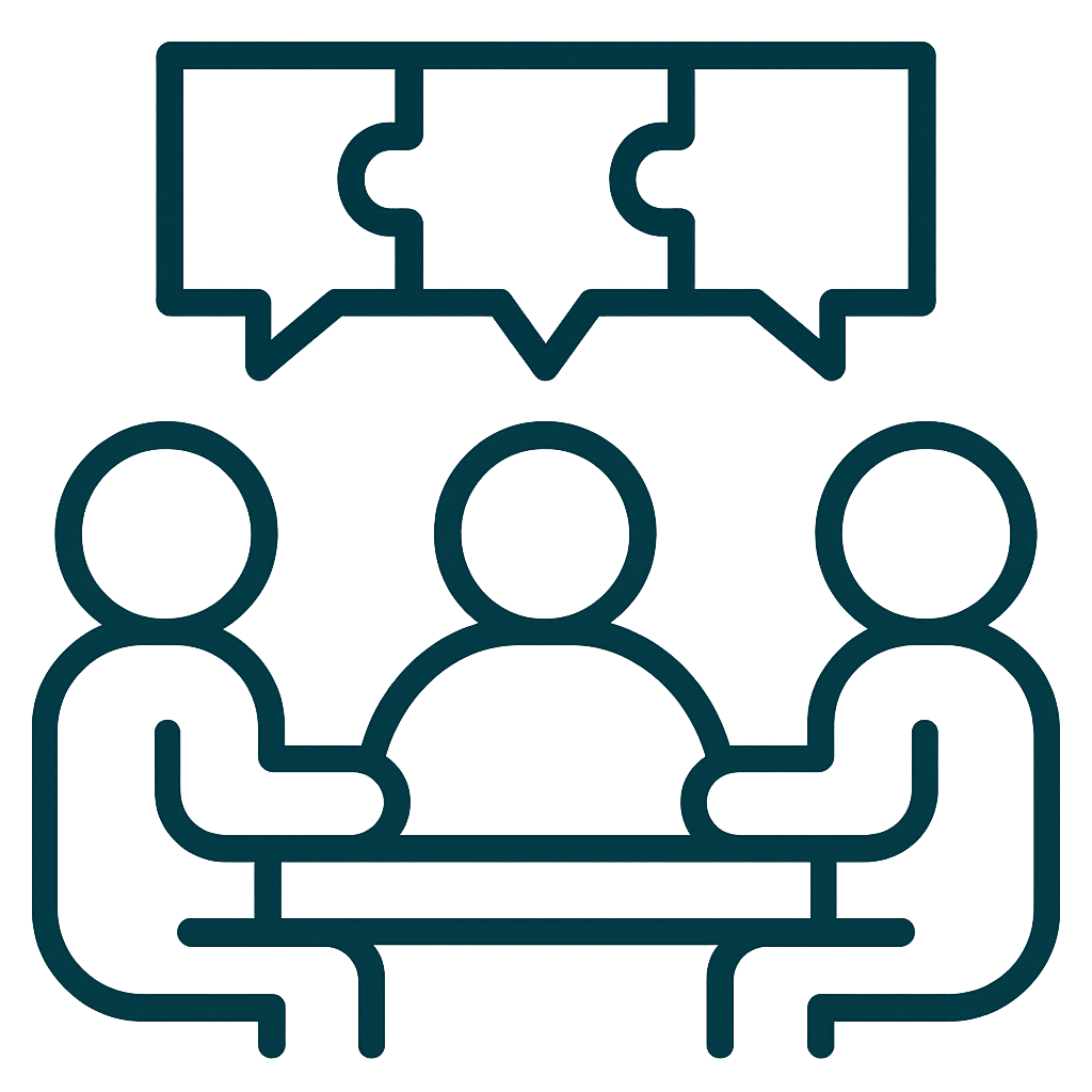 Outline of three people sitting on a sofa with speech bubbles above them indicating conversation.