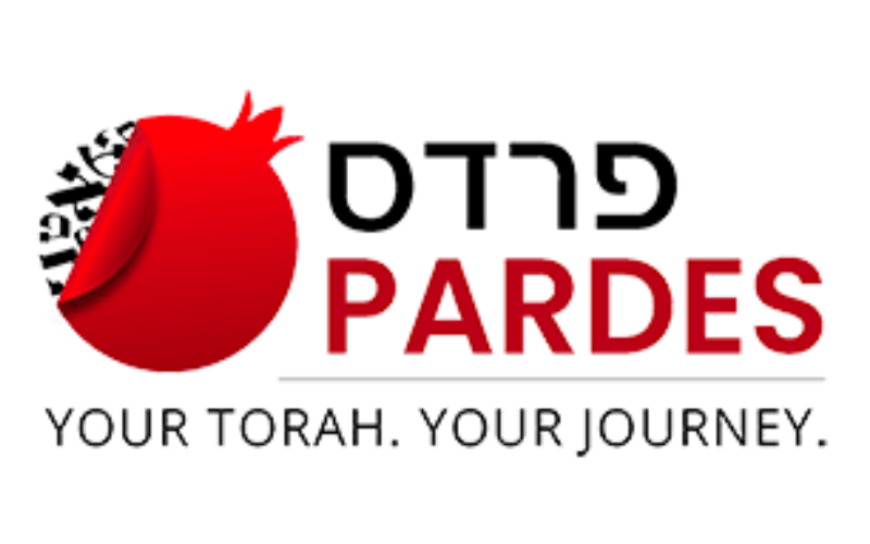 Logo for Pardes, featuring a red pomegranate with Hebrew script, English text 'Pardes' and the slogan 'Your Torah. Your Journey.'