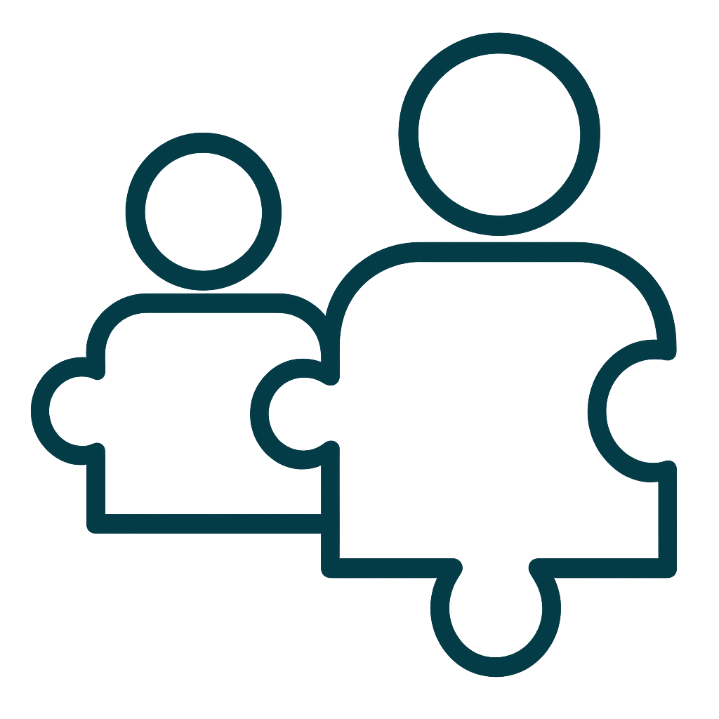 Outline of two human figures, one larger and one smaller, with interconnected puzzle pieces, suggesting a concept of connection or relationship.
