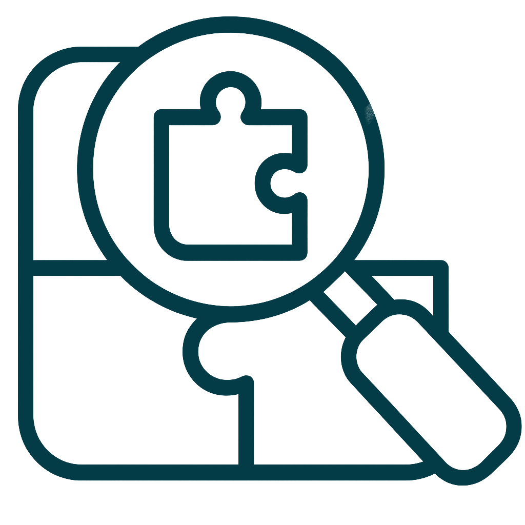 Line drawing of a human figure with a magnifying glass highlighting a puzzle piece.