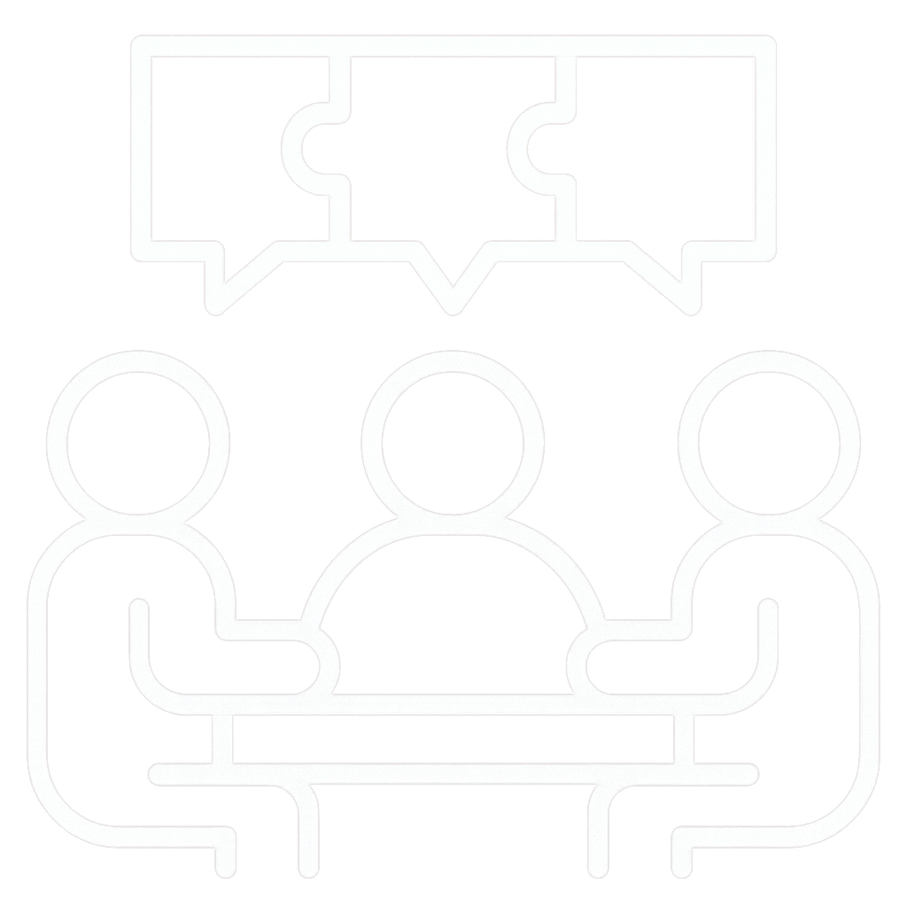 Line drawing of three people sitting on a couch with three speech bubbles above them.