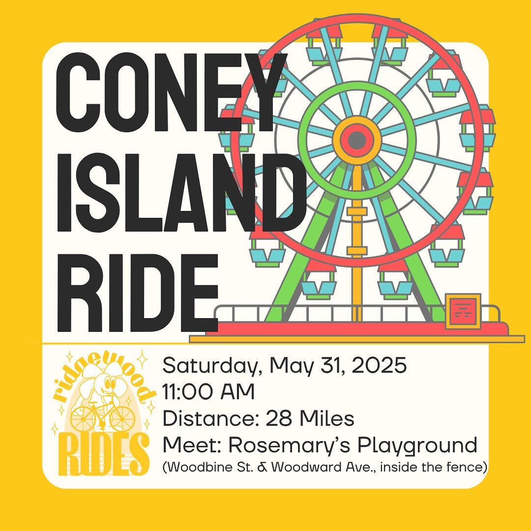 Join Ridgewood Rides this Saturday for a weekend adventure to Coney Island! We&rsquo;ll travel south through Brooklyn including scenic passages along Rugby Road and Ocean Parkway. We&rsquo;ll stop at Coney Island for ~45 minutes; grab a hot dog 🌭, r