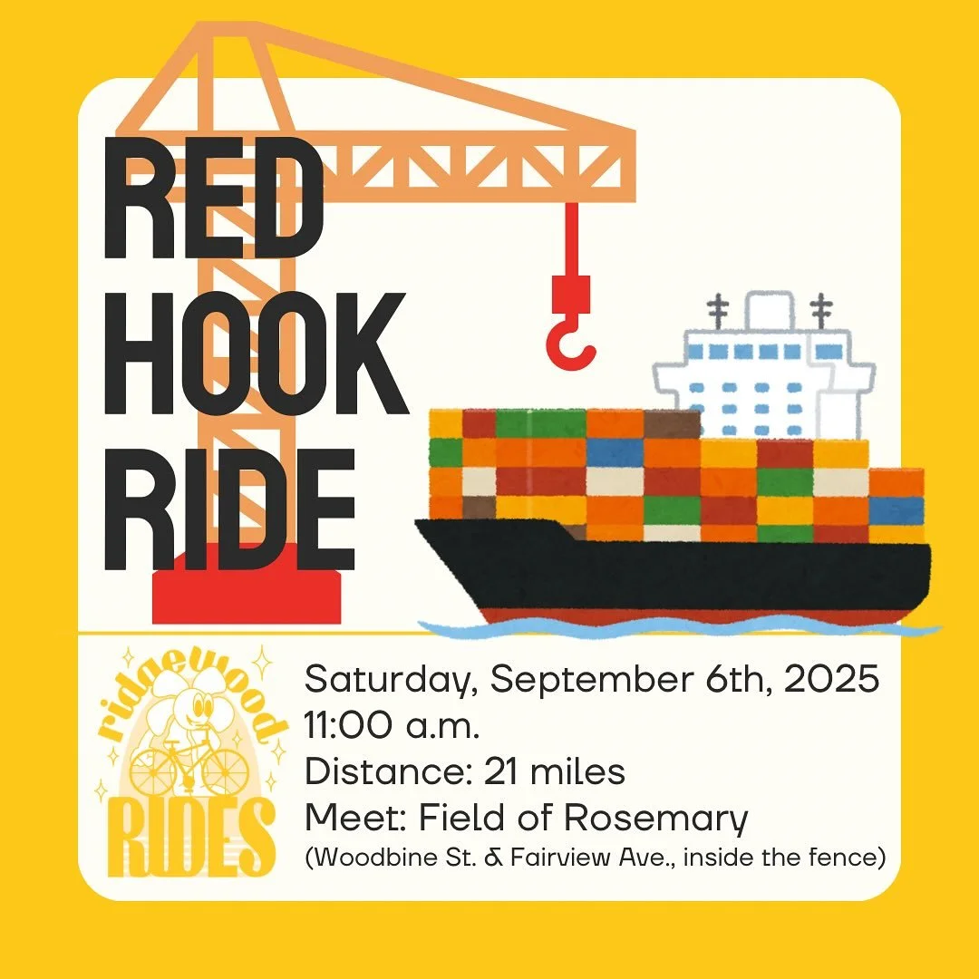 Join Ridgewood Rides this Saturday for another trip to Red Hook! 🏗️ We&rsquo;ll travel to the neighborhood via Bushwick, Williamsburg, @bkgreenway, @dumbo_brooklyn, and @brooklynbridgepark, stopping at Valentino Pier for views and nearby food🗽🥧. W