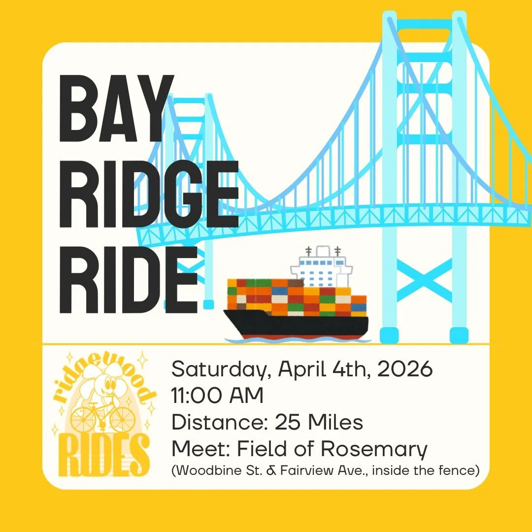 Join Ridgewood Rides this Saturday on a journey to the diverse waterfront Brooklyn neighborhood of Bay Ridge! We&rsquo;ll pass through Bushwick, Bed-Stuy, Crown Heights, Prospect Heights, @prospect_park🌳, Windsor Terrace, Kensington, and Sunset Park