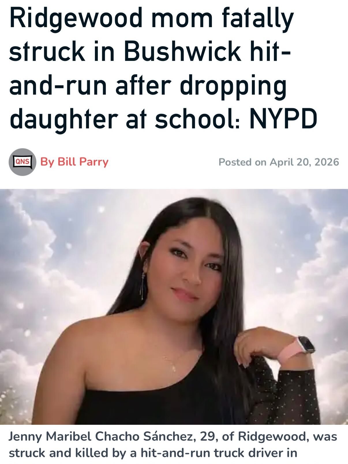 Ridgewood Rides is devastated by the death of our neighbor, Jenny Maribel Chacho S&aacute;nchez, a 29-year-old mother who was killed crossing the street last Friday, April 17th, 2026. Jenny was just a block from her home on Linden Street when she was