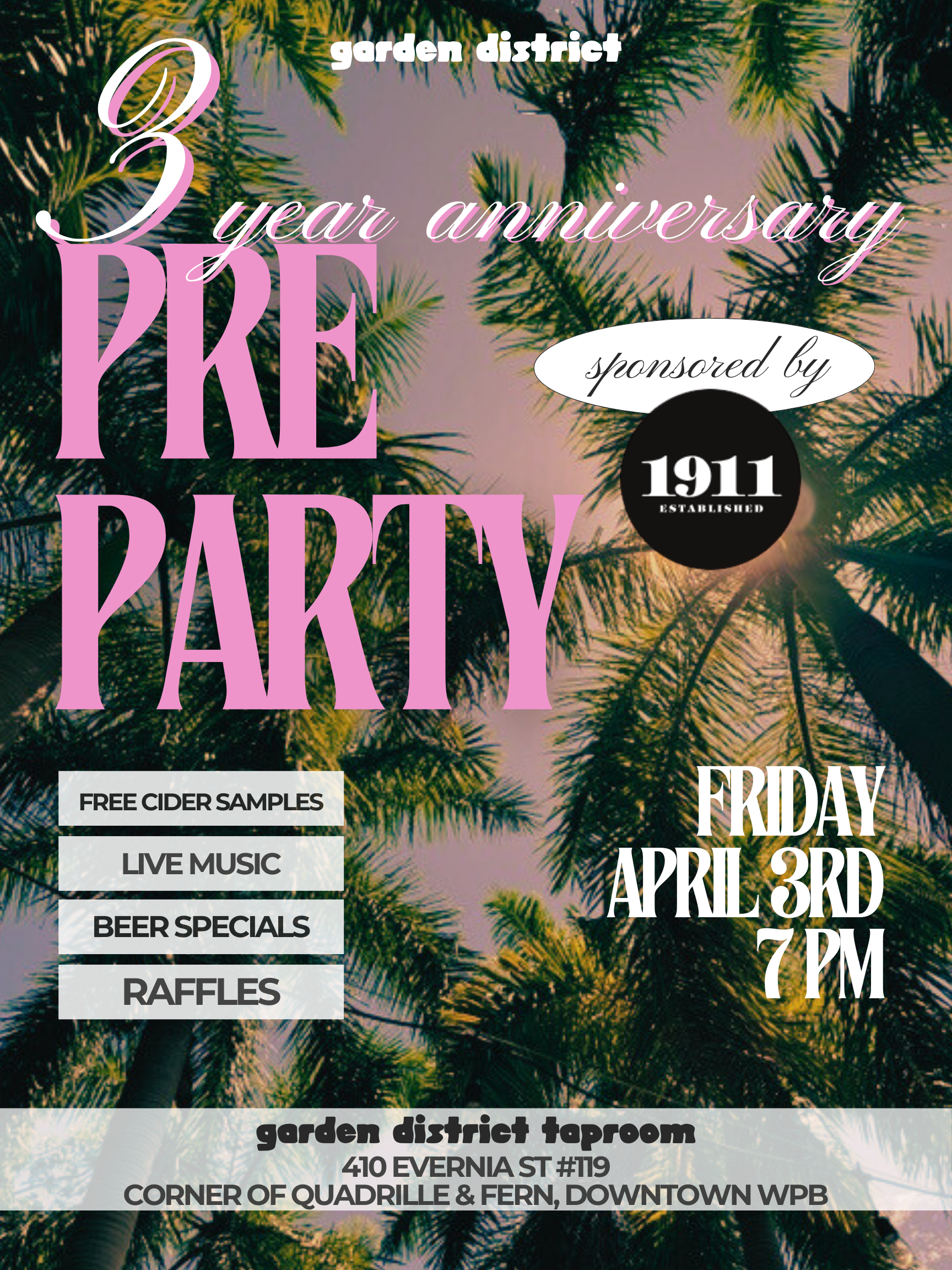 Come hang for our anniversary pre-party! We'll have free cider samples, live music, games and more! Sponsored by 1911 Established Distillery.