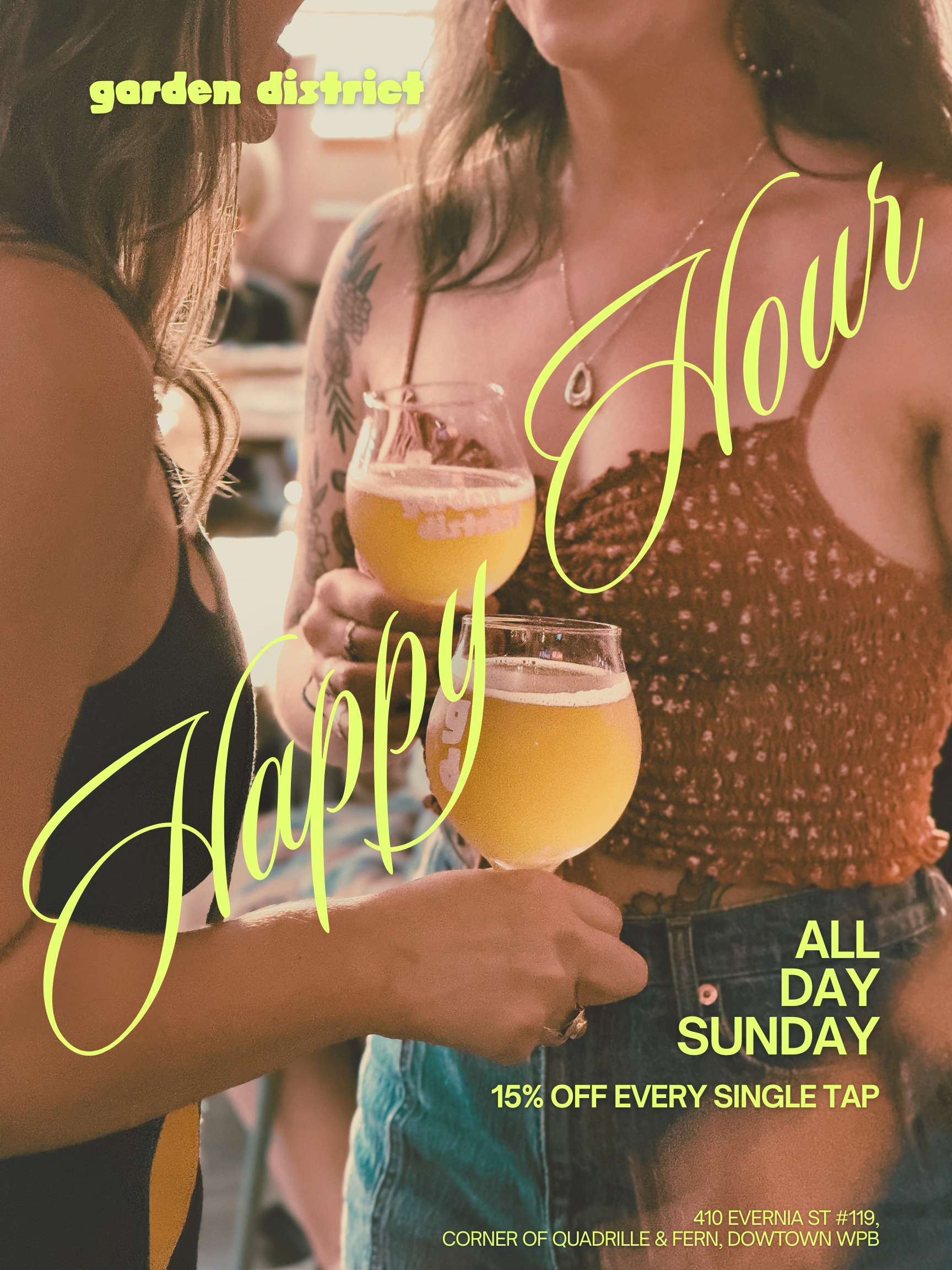 enjoy happy hour all day every Sunday at garden district taproom in west palm beach