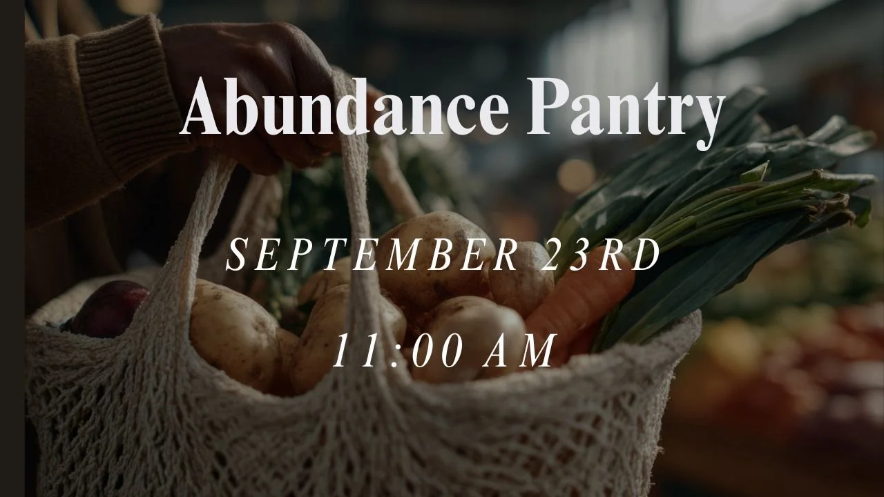 Event poster for Abundance Pantry with colorful watercolor fruits and flowers border, black background, white text with event details.