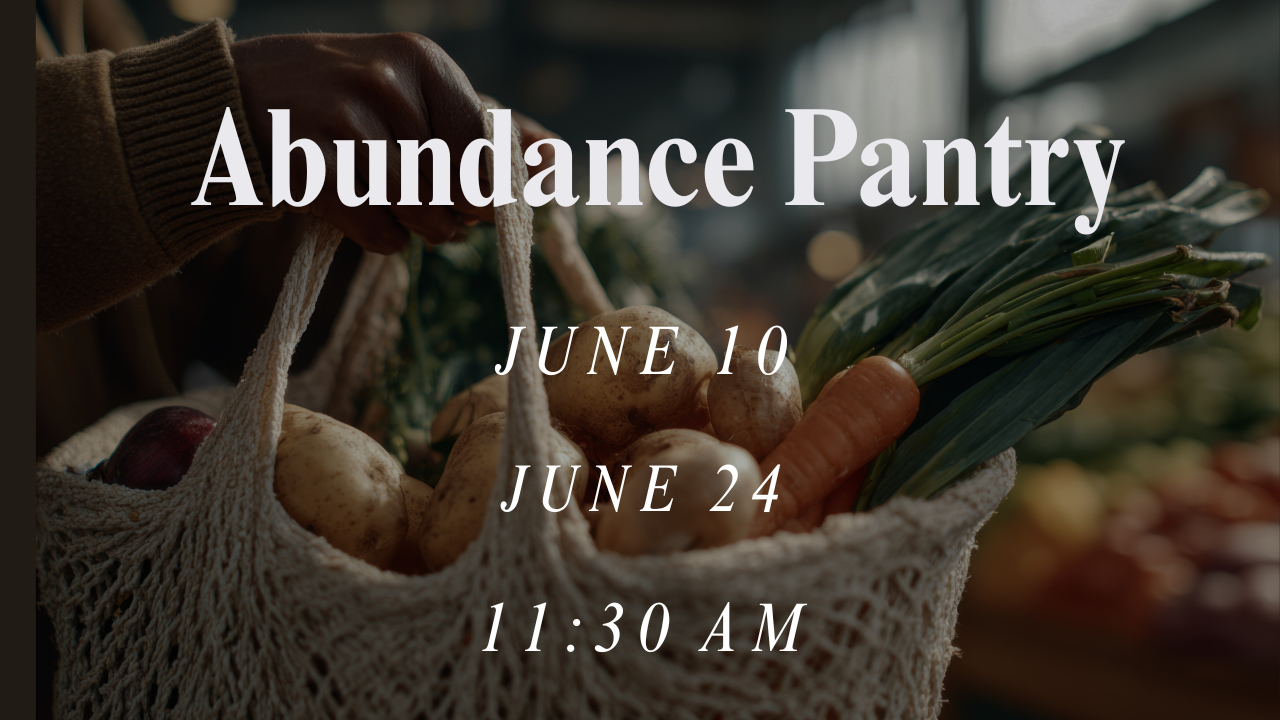 Event poster for Abundance Pantry with colorful watercolor fruits and flowers border, black background, white text with event details.