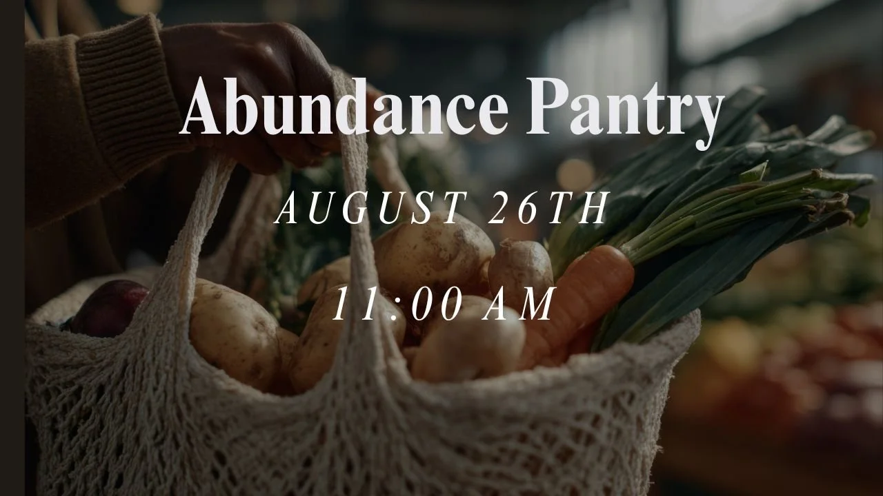 Event poster for Abundance Pantry with colorful watercolor fruits and flowers border, black background, white text with event details.
