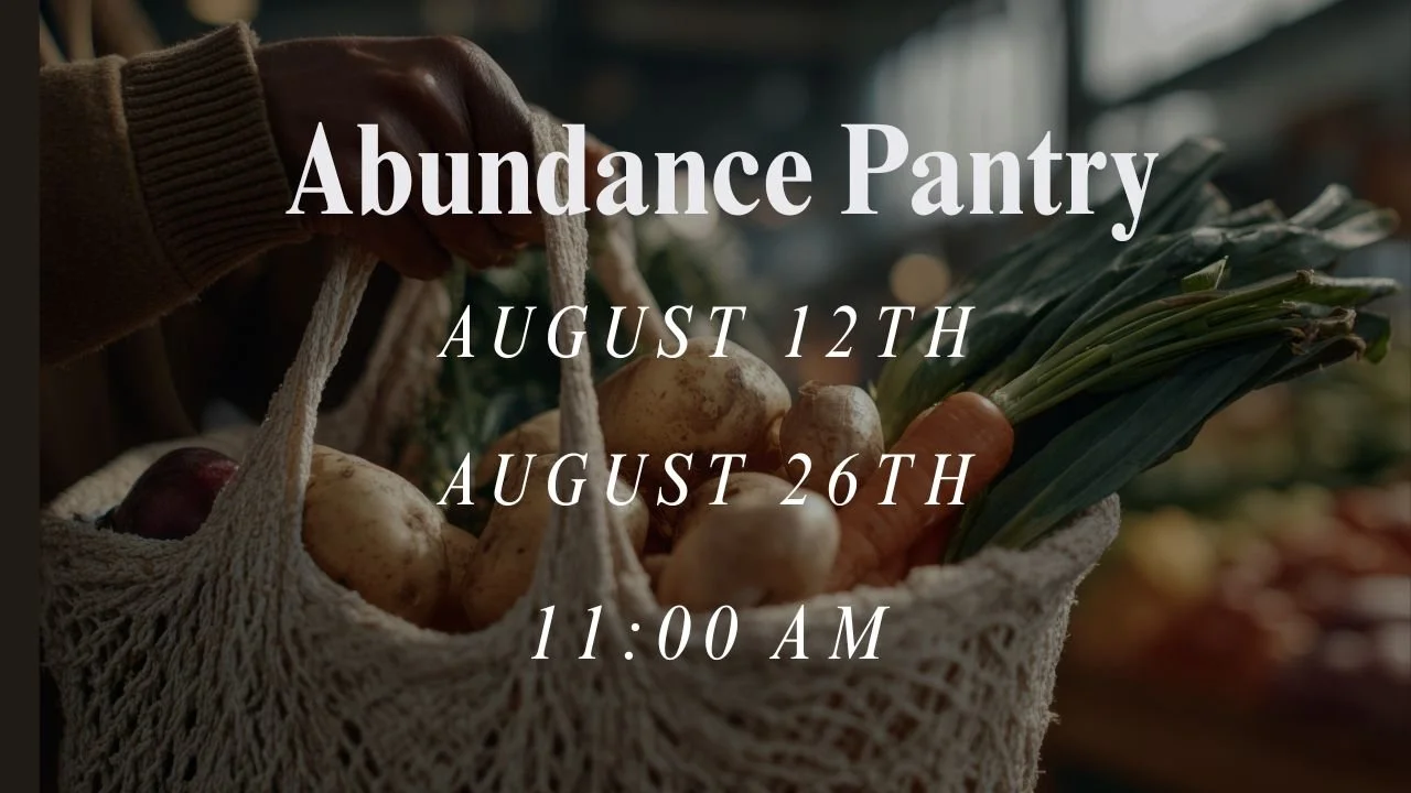 Event poster for Abundance Pantry with colorful watercolor fruits and flowers border, black background, white text with event details.