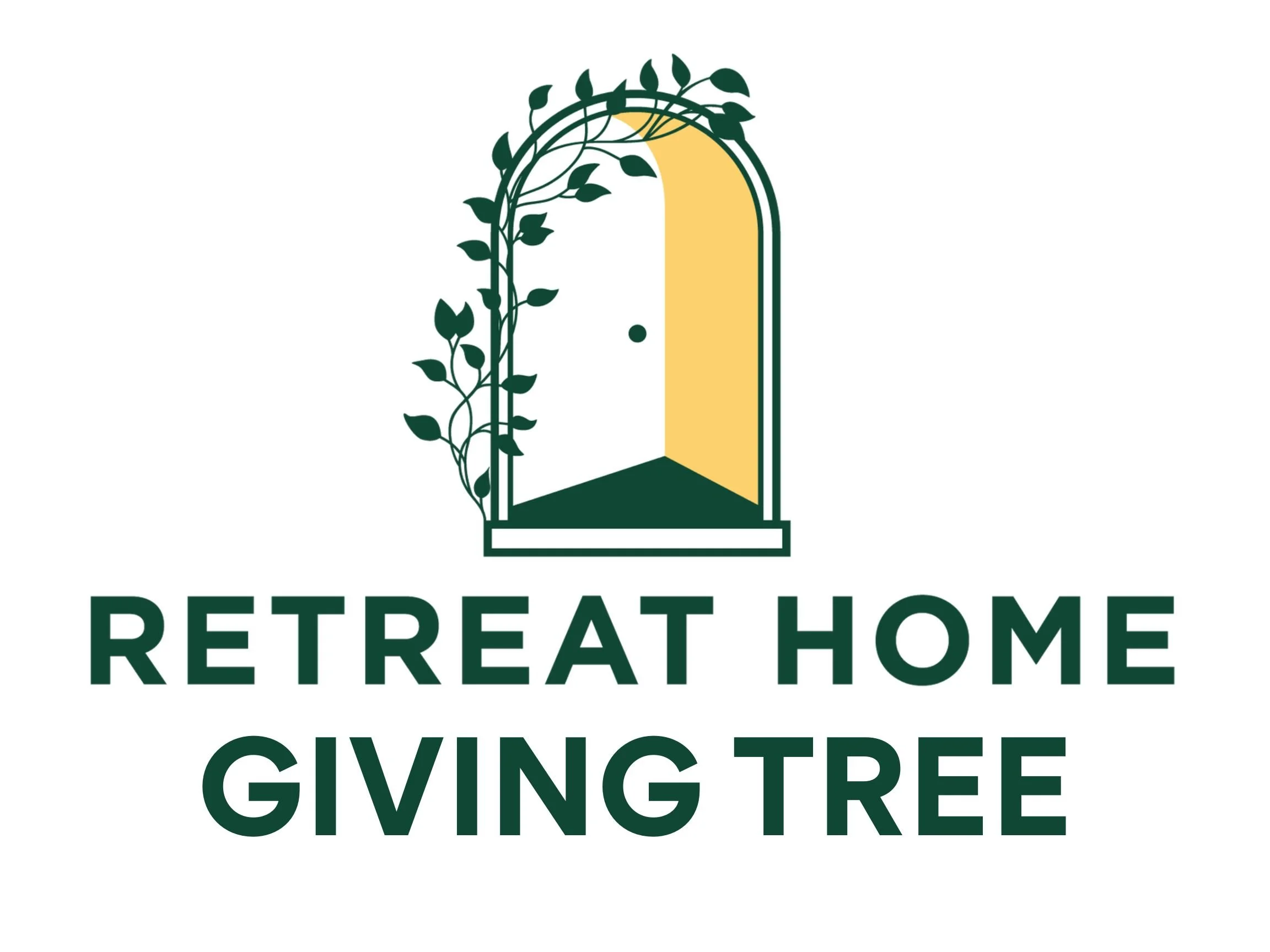 Logo for Retreat Home Giving Tree featuring a stylized door with a yellow interior, decorative green frame, and climbing green vines.