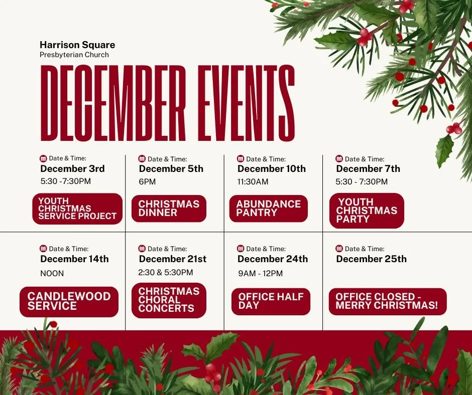December events schedule at Harrison Square Presbyterian Church, featuring Christmas and holiday-themed events from December 3rd to December 25th, with decorative greenery in the top right and bottom borders.