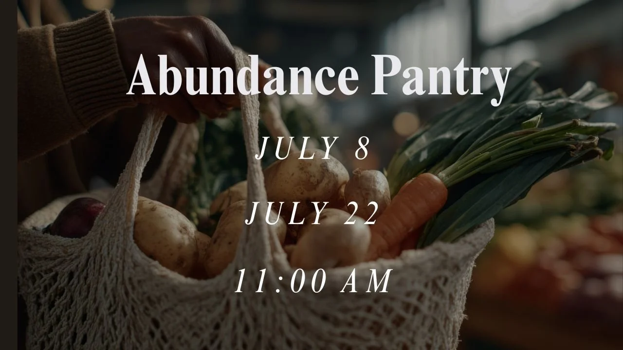 Event poster for Abundance Pantry with colorful watercolor fruits and flowers border, black background, white text with event details.