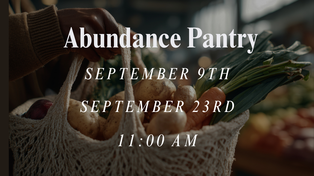 Event poster for Abundance Pantry with colorful watercolor fruits and flowers border, black background, white text with event details.