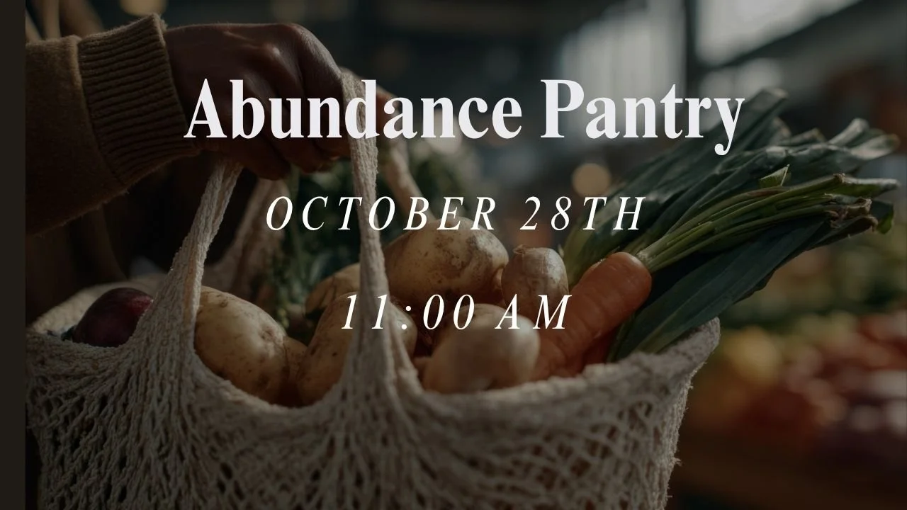 Event poster for Abundance Pantry with colorful watercolor fruits and flowers border, black background, white text with event details.