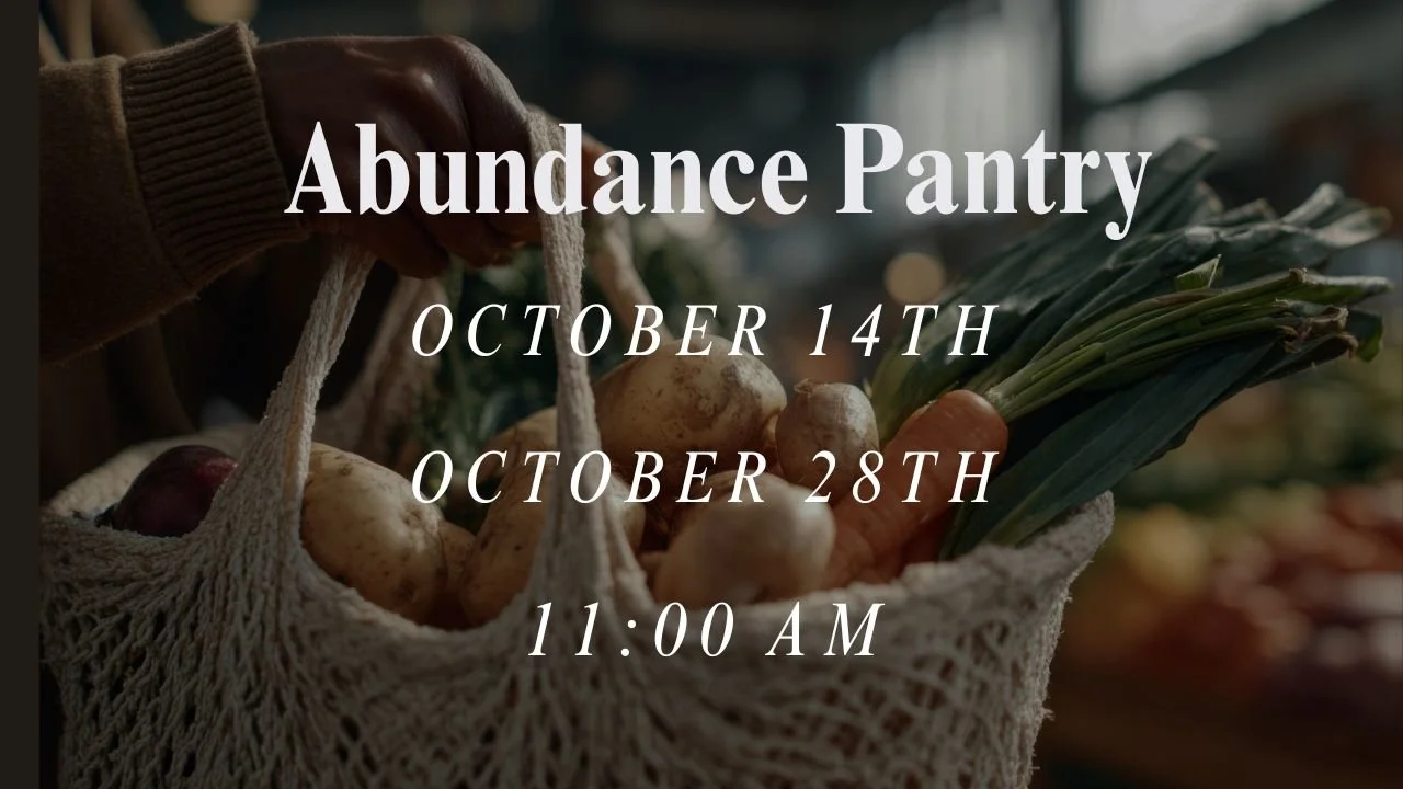 Event poster for Abundance Pantry with colorful watercolor fruits and flowers border, black background, white text with event details.