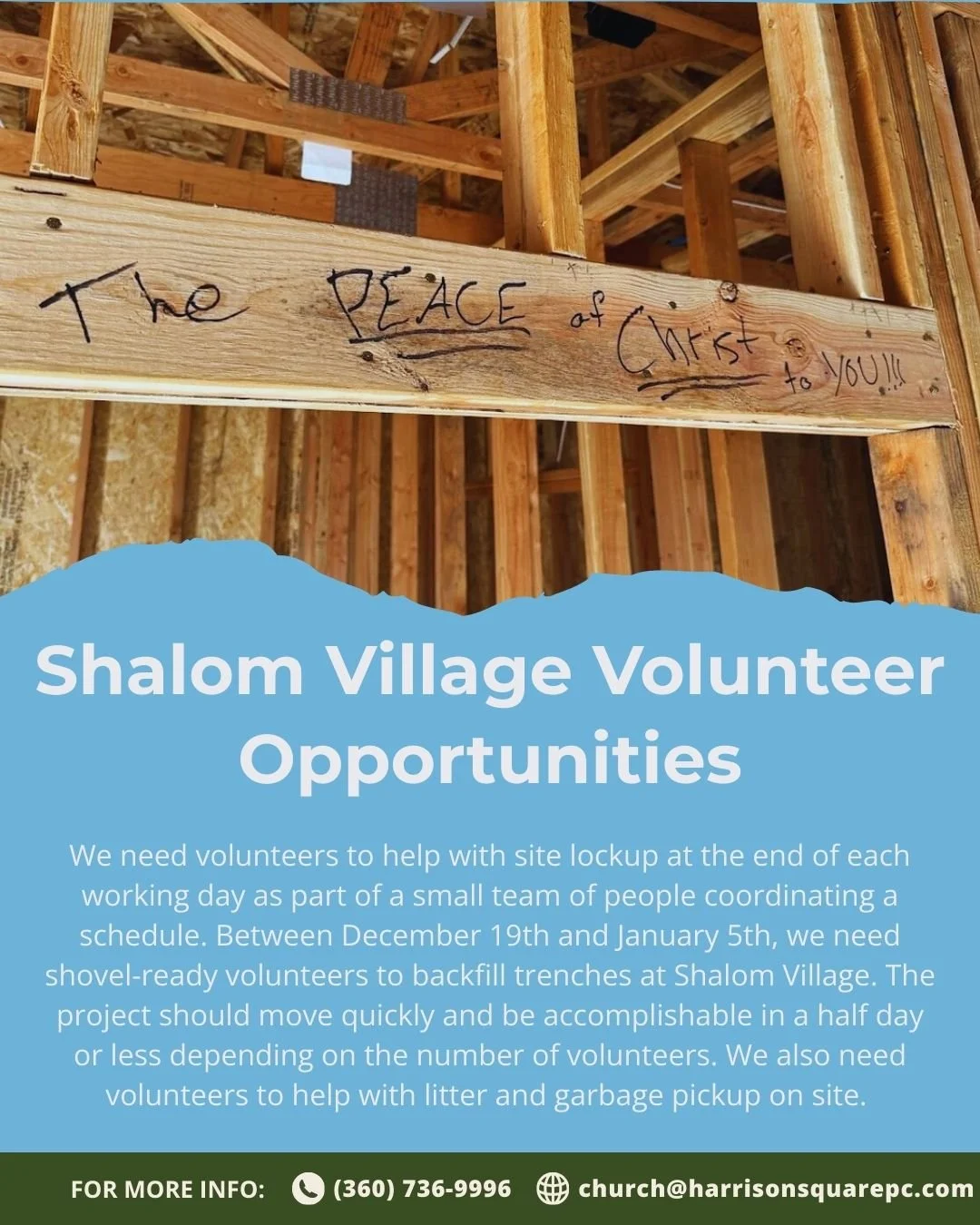 A handwritten sign on a wooden beam that says, "The PEACE of ChiRst to YOU!!!" Inside a building under construction with exposed wooden framing.