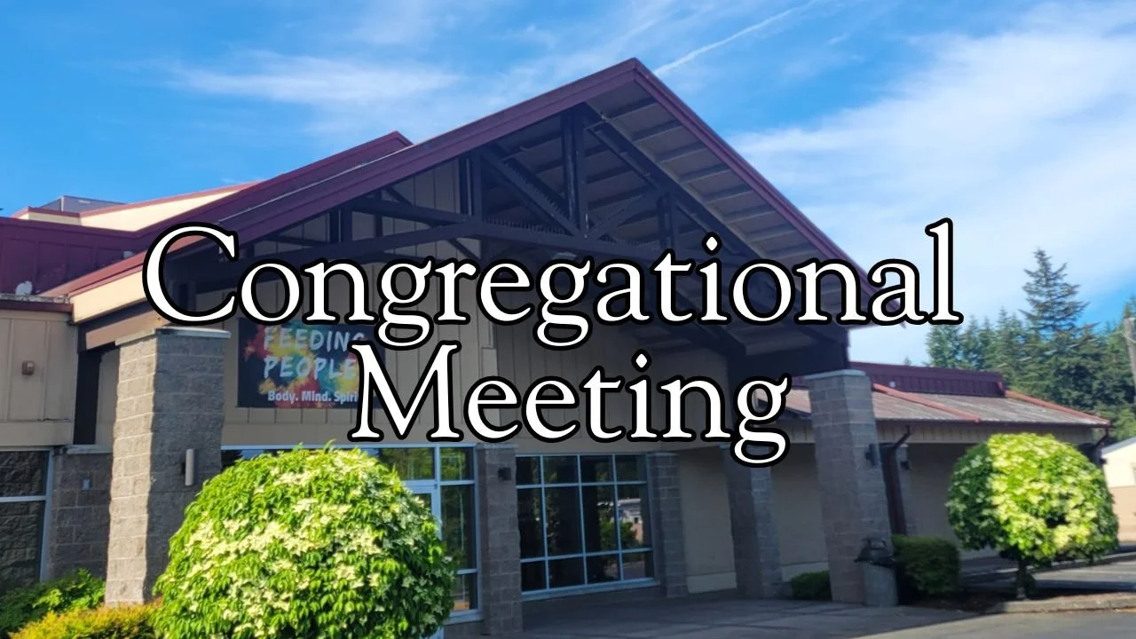The exterior of a church building with a sign that reads 'Congregational Meeting' over the entrance, surrounded by greenery and a blue sky.