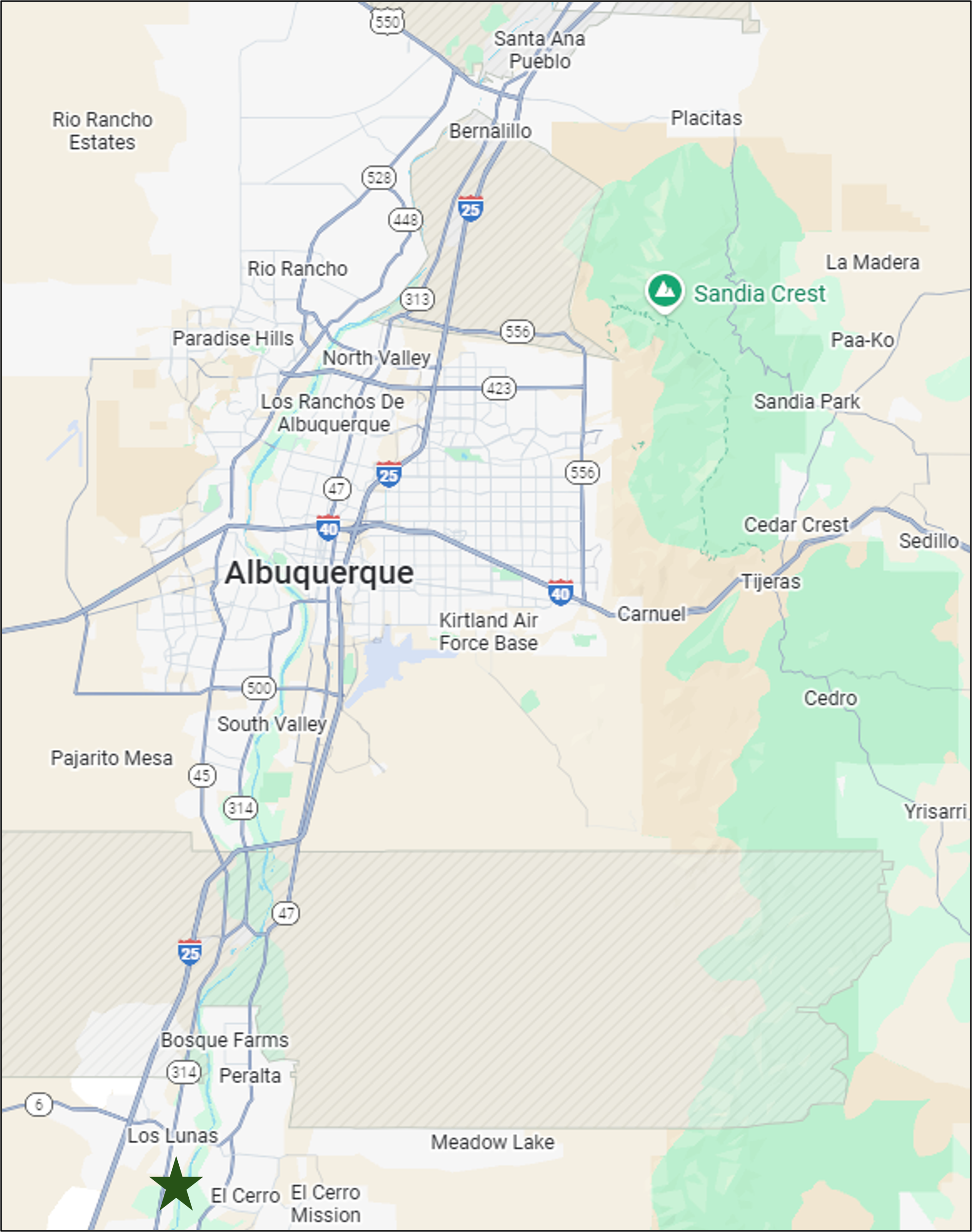 Map of Albuquerque, New Mexico, showing surrounding neighborhoods, highways, and landmarks including Sandia Crest, Kirtland Air Force Base, and El Cerro Mission.