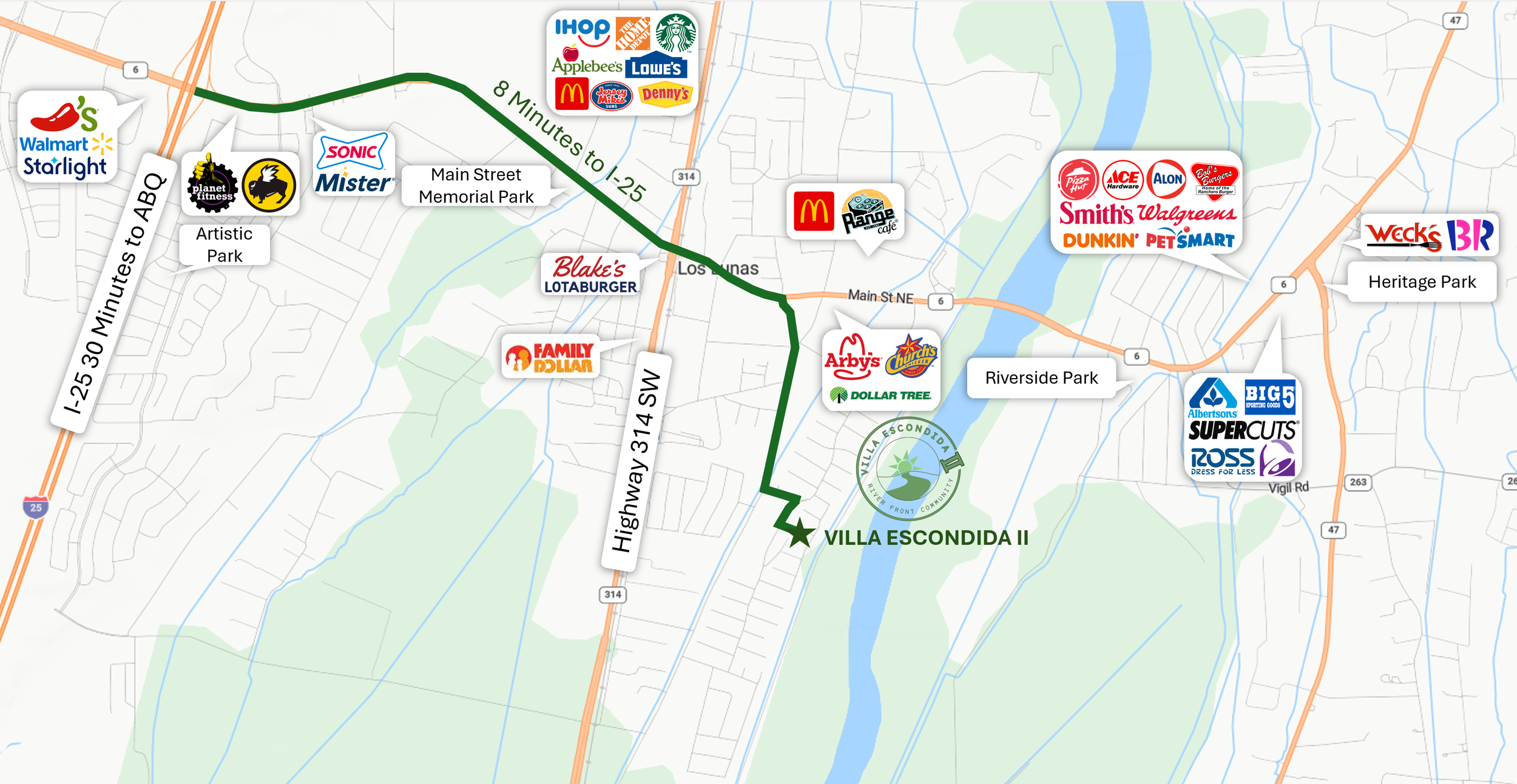 Map showing businesses along a route near Villa Escondida II, including stores such as Walmart, Starbucks, Lowe's, McDonald's, Sonic, Mister, Family Dollar, Arby's, Church's, Dollar Tree, Smith's, Walgreens, Dunkin', PetSmart, Wecks, Baskin-Robbins, Albertsons, Big 5, Super Cuts, Ross, and local parks.