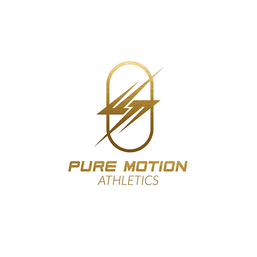 Gold logo of a stylized capsule with a lightning bolt, with the text "Pure Motion Athletics" underneath.