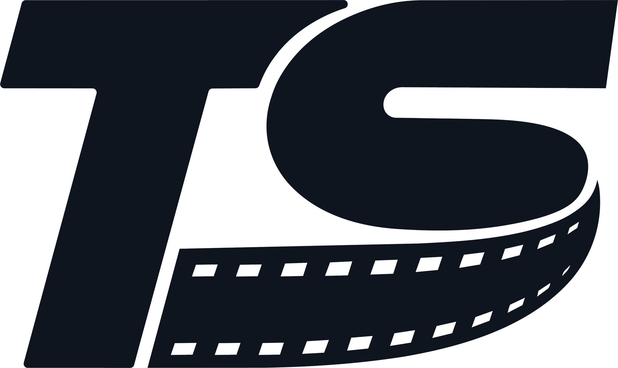 Black and white stylized logo of the letter T and a film strip motif.